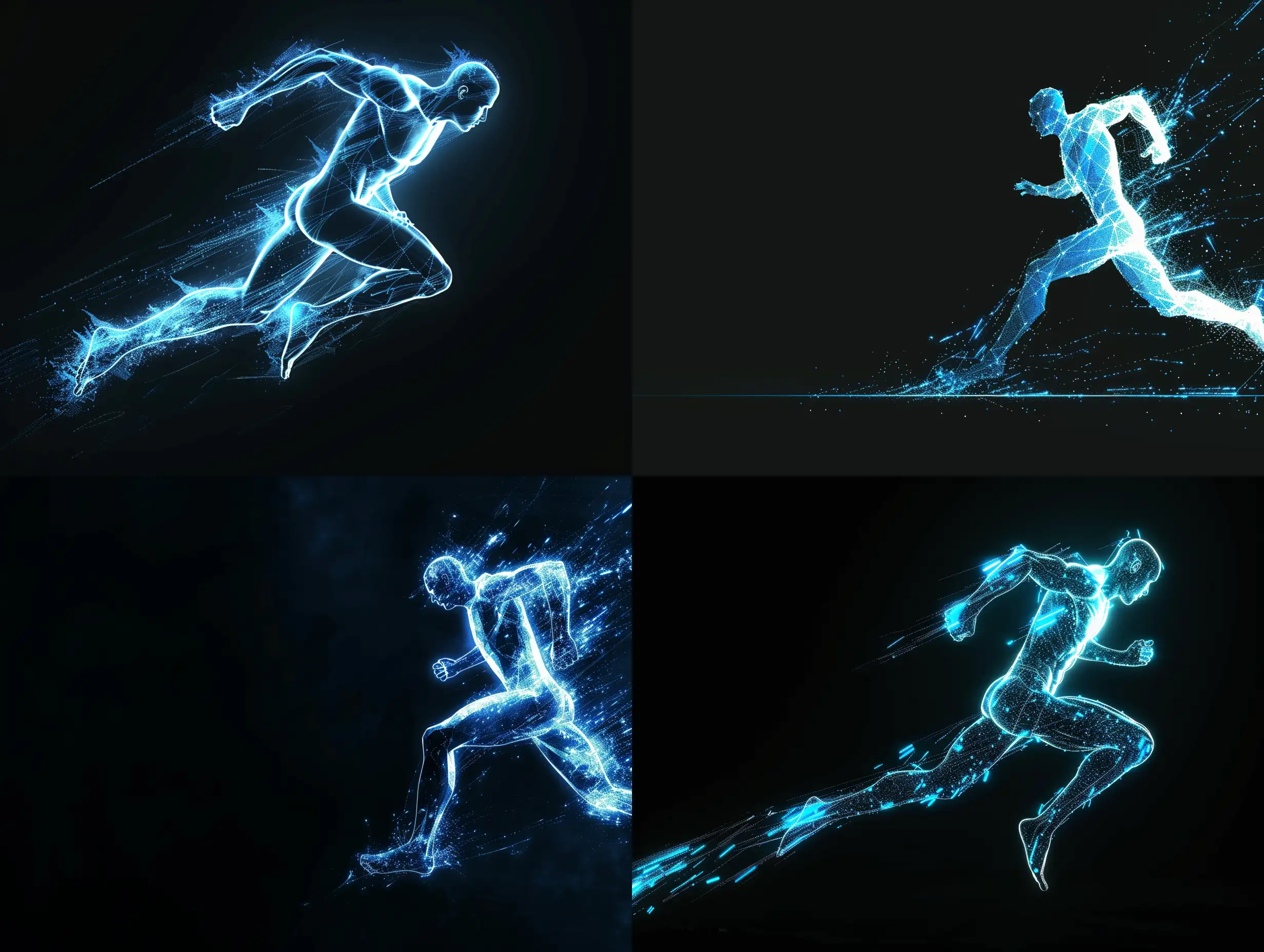Produce an image of a digital human silhouette running, with the light point silhouette showing a dynamic leap in a strong blue sheen, against a deep black background, with blank space reserved on one side of the canvas for stock library users to add content as needed