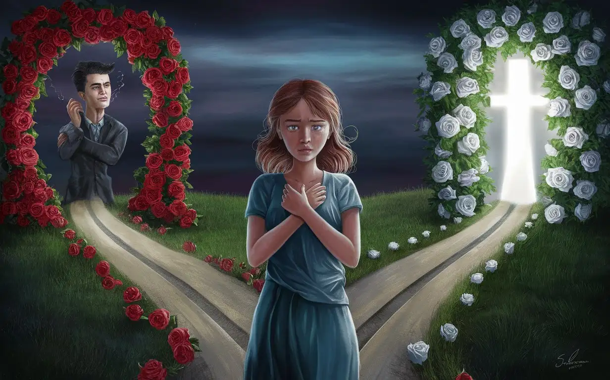 The scene could feature a girl standing at a crossroads, with one path leading towards the guy and his deceptive intentions, and the other path leading towards the Holy Spirit and her inner guidance. The girl could be shown torn between the two options, symbolizing the internal struggle between love and self-preservation.