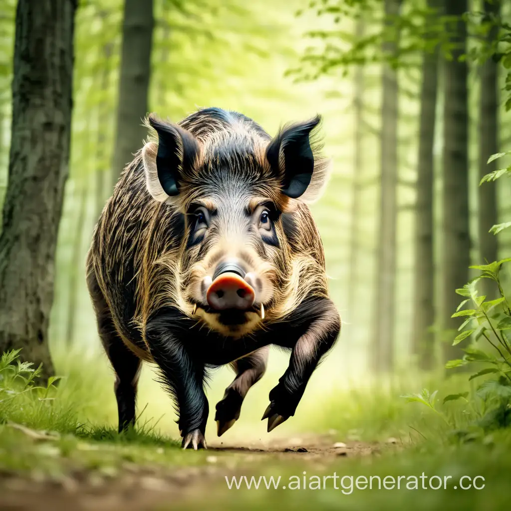 wild boar with tusks running in the green forest