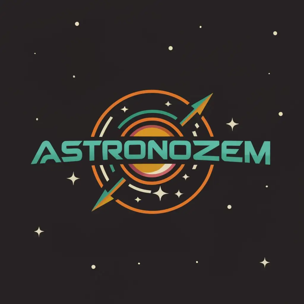 a logo design,with the text "astronozem", main symbol:a planet sized very round race track in 70's style teal and orange with red highlights, fast space age car, flying around,Minimalistic,be used in Automotive industry,clear background