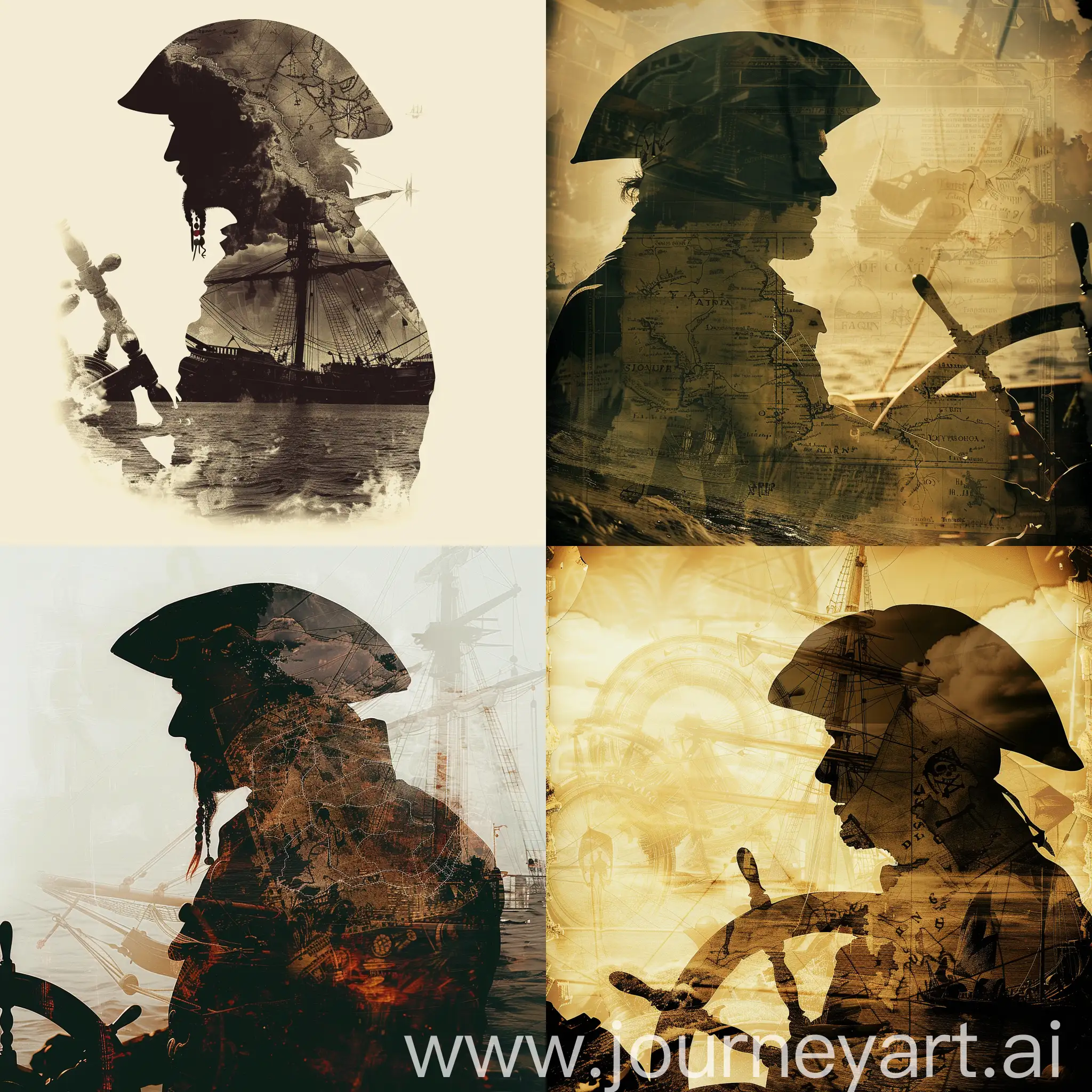 Masterpiece double exposure of a pirate silhouette at ship helm and an old treasure map in the underlying backdrop, sharp contrast, detailed crisp lines, in focus, double exposure, by Skyrn99, high quality, high detail, high resolution