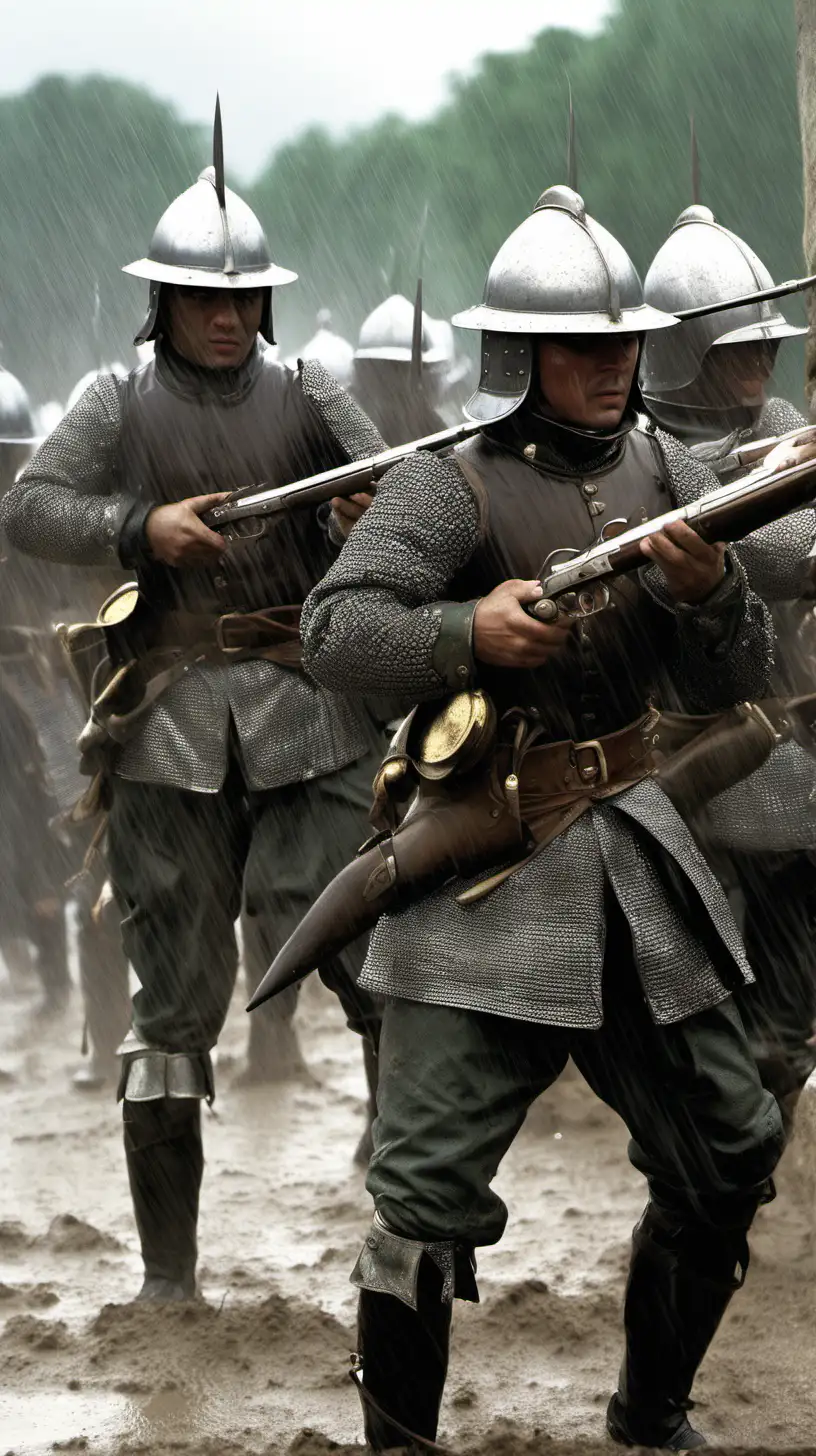 Tercios Soldiers in Action Musketeers Firing in the Rain