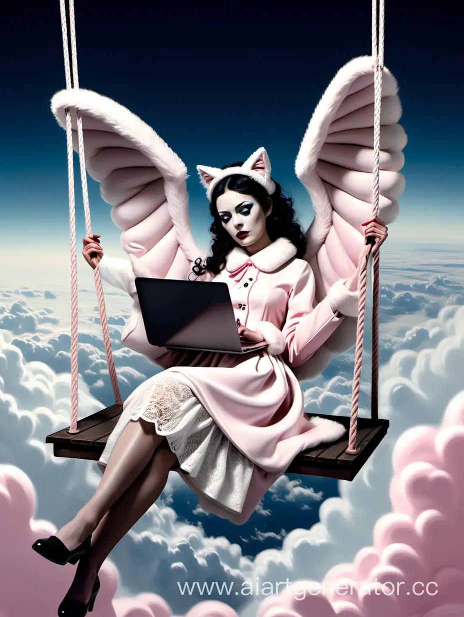 Heavenly-Angelic-Consultation-DarkHaired-Woman-in-Salvador-Dali-Style-Cat-Costume-on-Sky-Swing