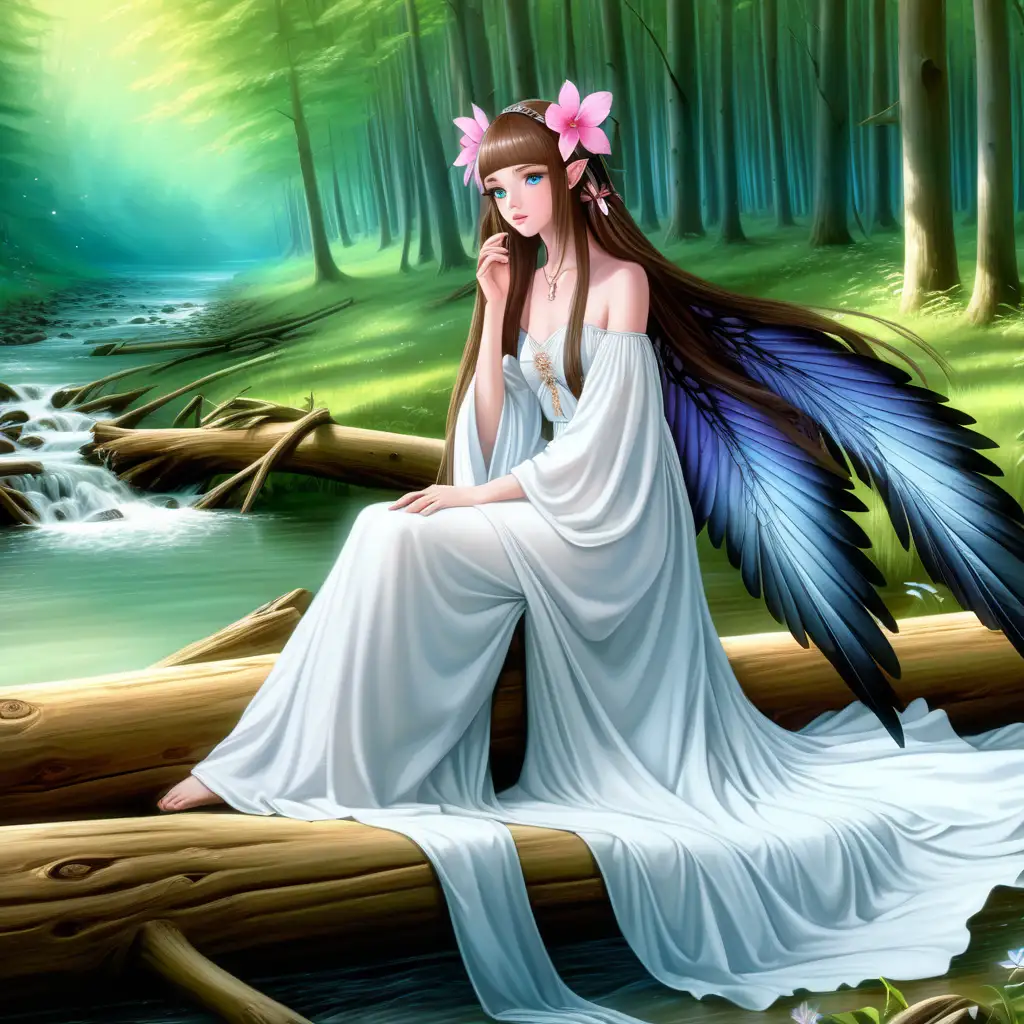 beautiful woman with soft blue eys and wearing glamorous makeup sitting on a log in the forest wearing a long white dress and she has long brown hair, she has a big pink flower over her right ear, her hair is blowing in the breeze, She has big beautiful black wings, the sky is light green, there is a small stream flowing in front of her anime style
