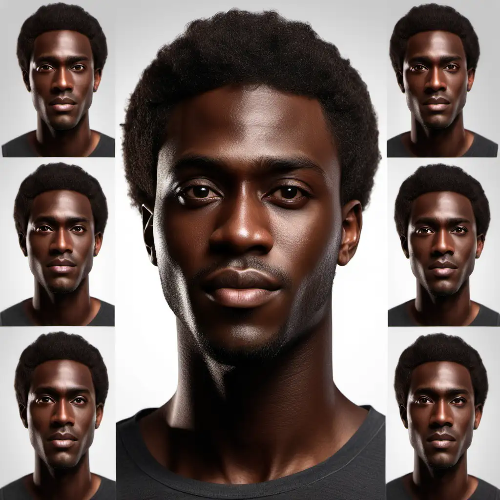 realistic photography of handsome black man with dark skin, dark brown eyes, narrow jawline, character sheet, multiple angles