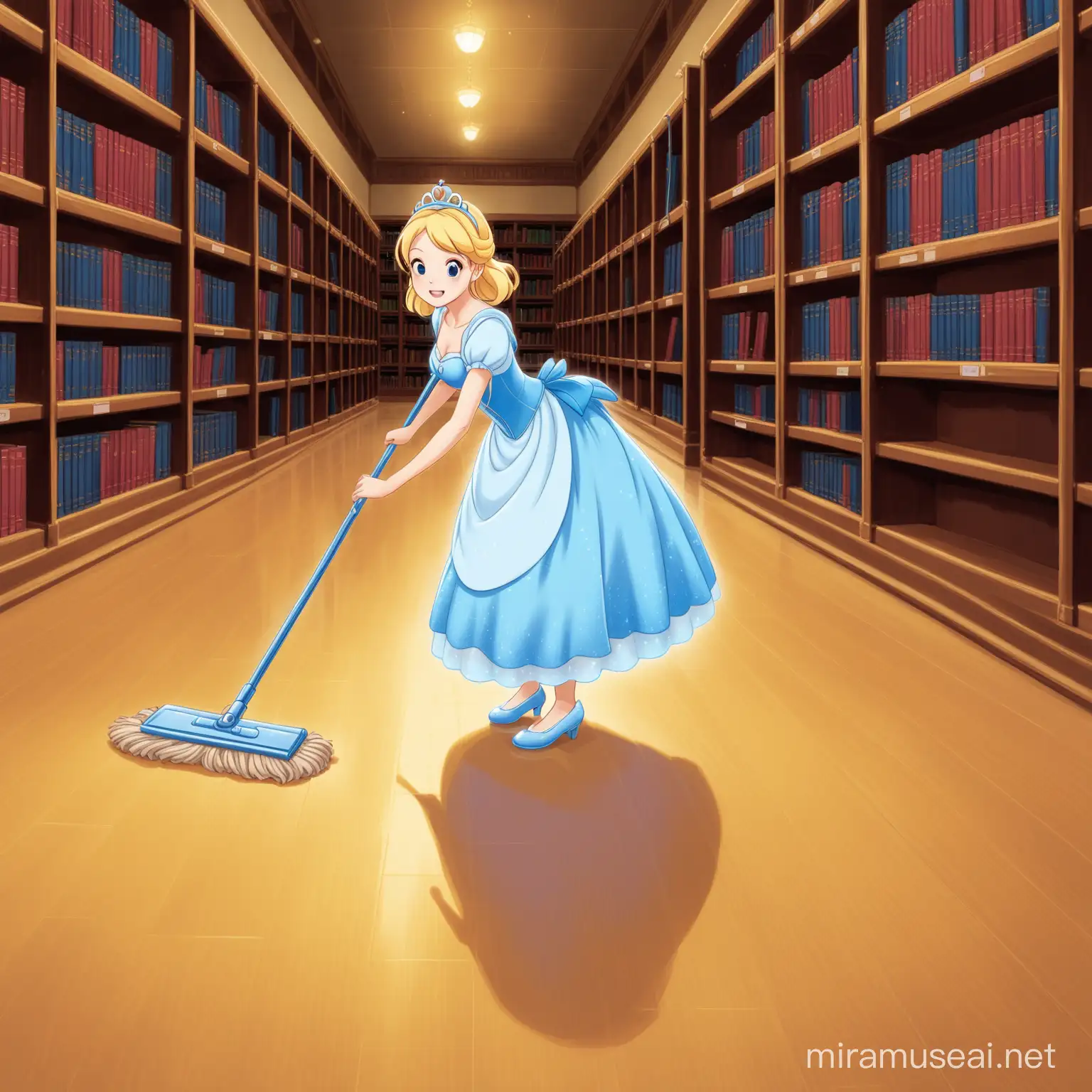 Cinderella Cleaning the Library Floors with a Broom