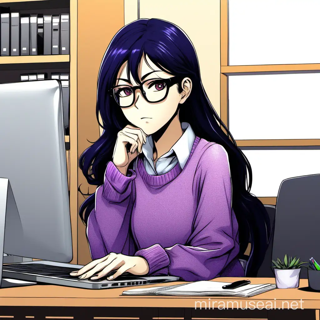 anime friendly looking female business character who has a long black hair, wearing a purple sweater, a black glasses. she is sitting behind her macbook in her office,  Her right hand rested on her chin