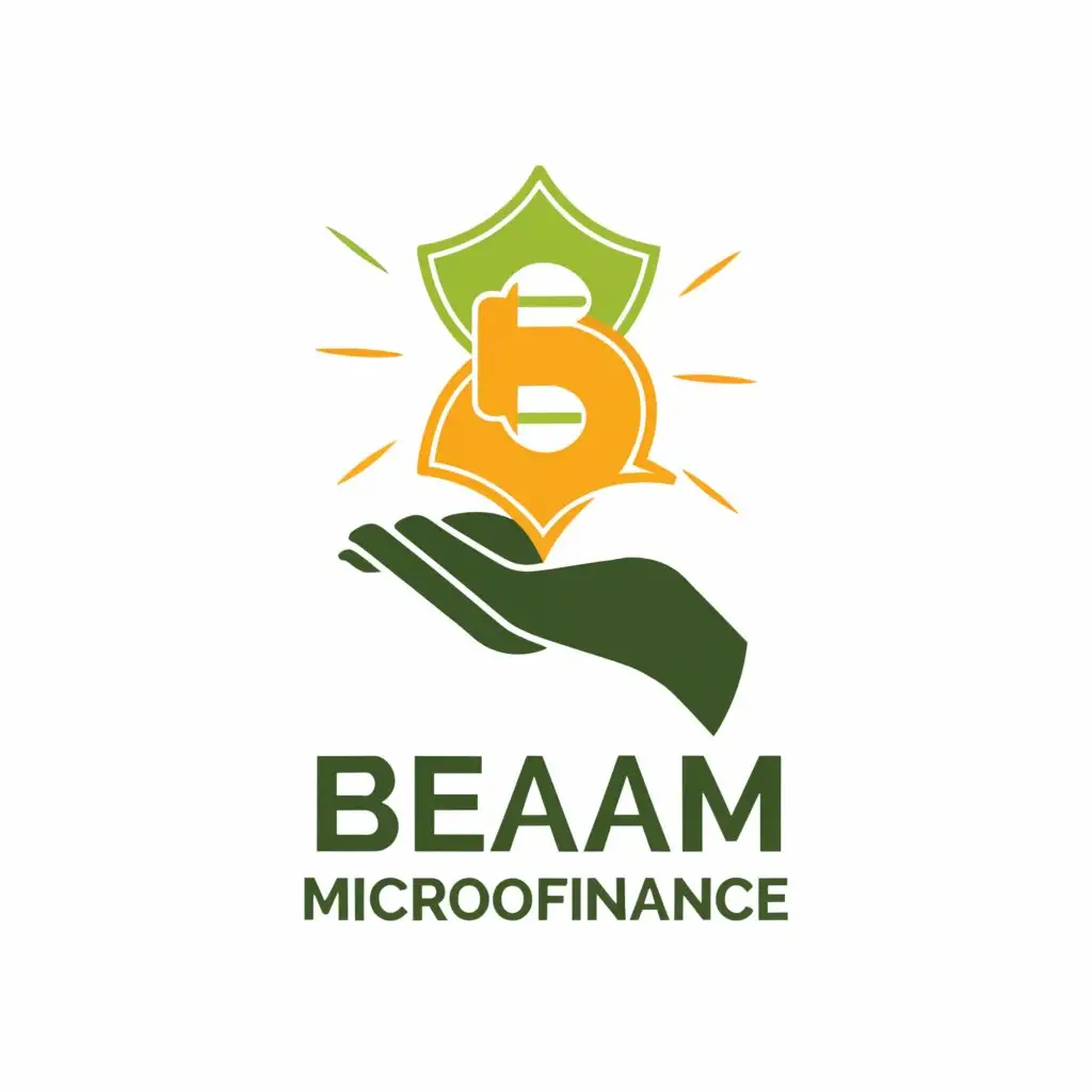 a logo design,with the text "Beam microfinance", main symbol:Use Text B with money notes protruding from the B, floating above a human palm and light beam and rays showing at the background,Minimalistic,be used in Finance industry,clear background