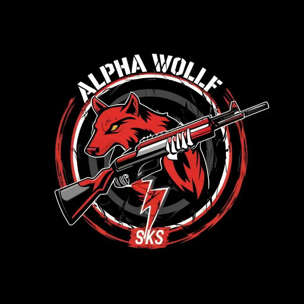 logo, Red lightning SKS MARKSMAN RIFLE, with the text "Alpha wolf", typography, be used in Entertainment industry