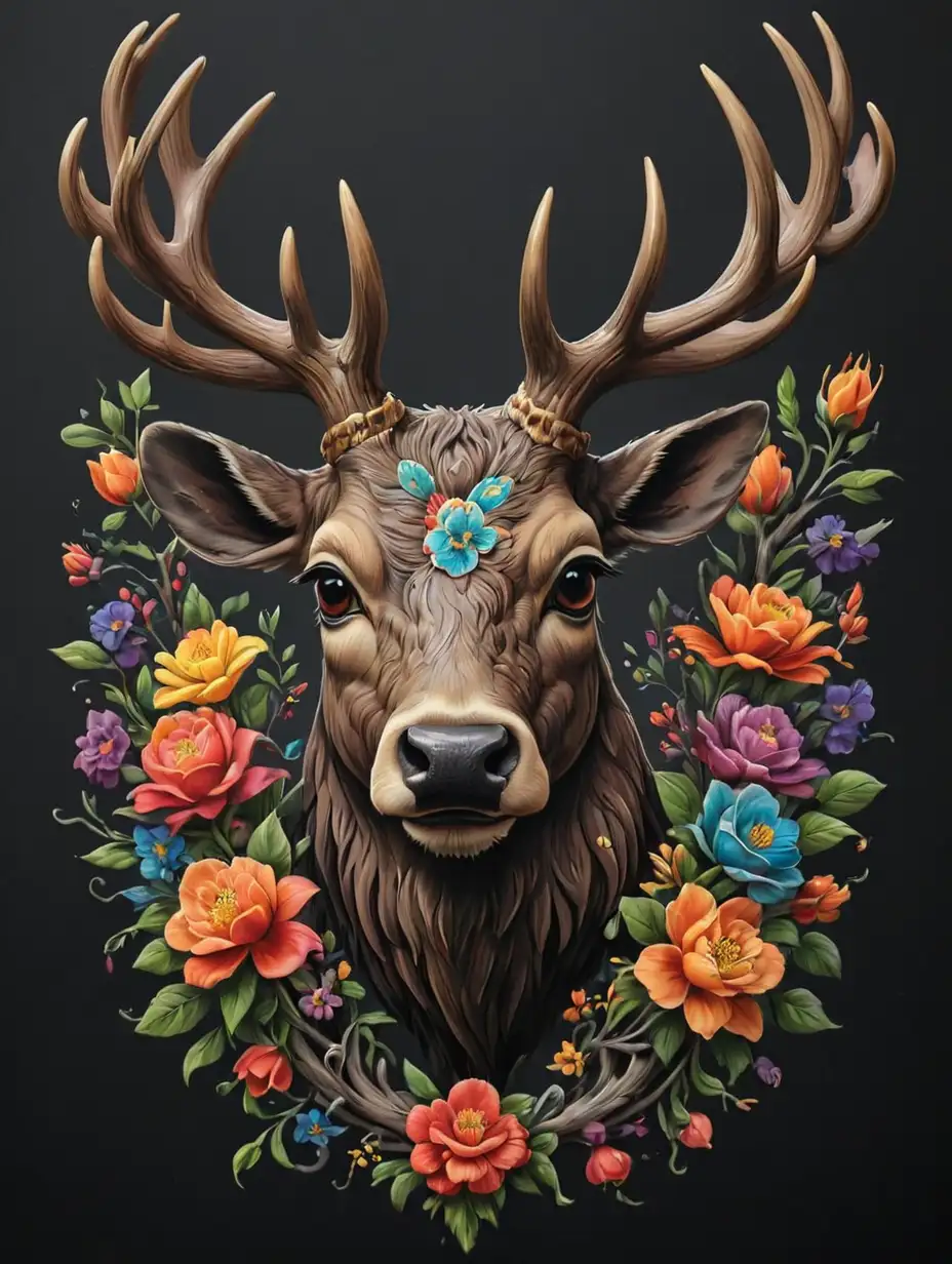 Colorful Venison Head Tattoo Design Surrounded by Flowers and Trees on Black Background