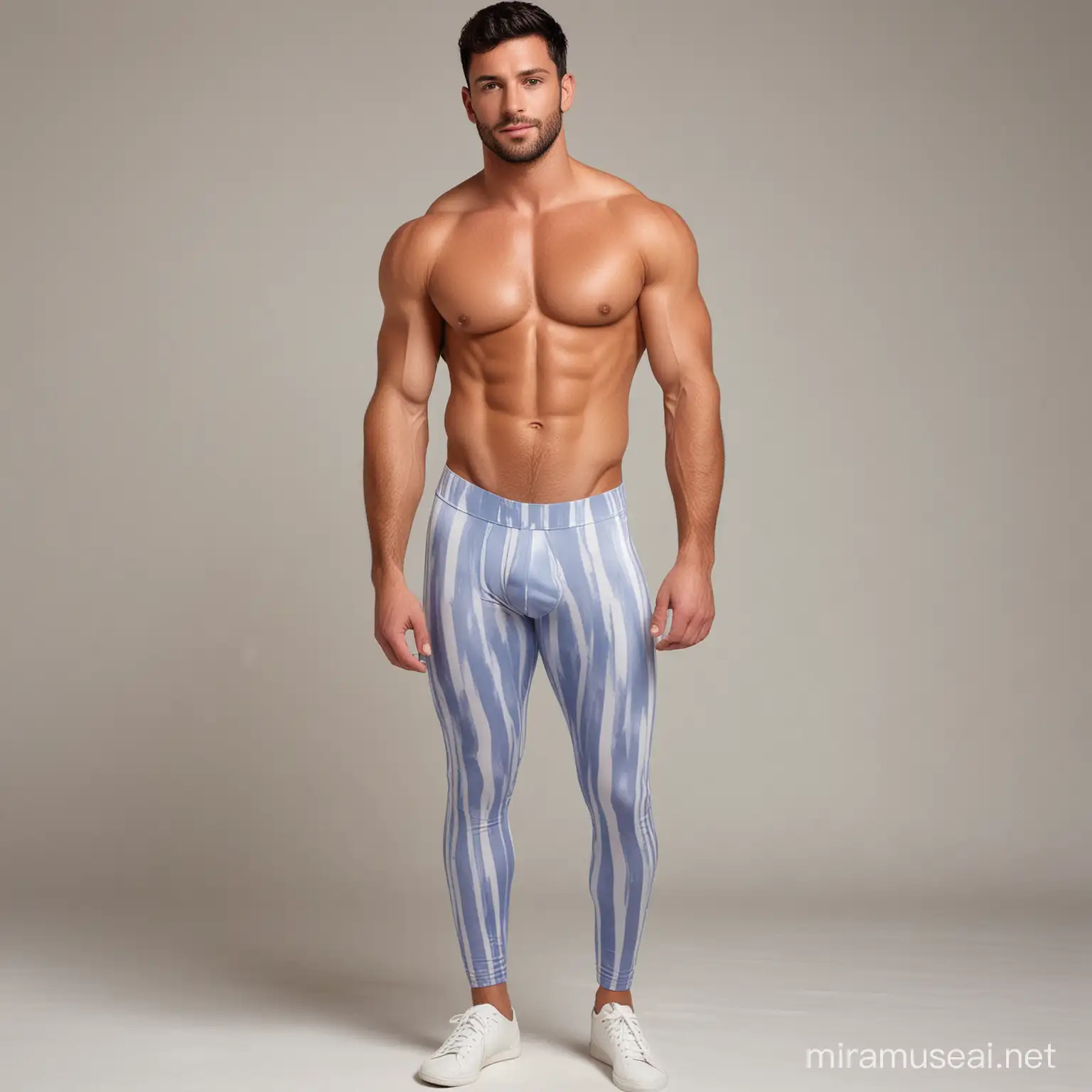 Charming shirtless muscular 28 year old male Argentine man, with short black hair, slight tanned skin; no-facial beard; wearing long periwinkle spandex leggings (with vertical white stripes),ñ