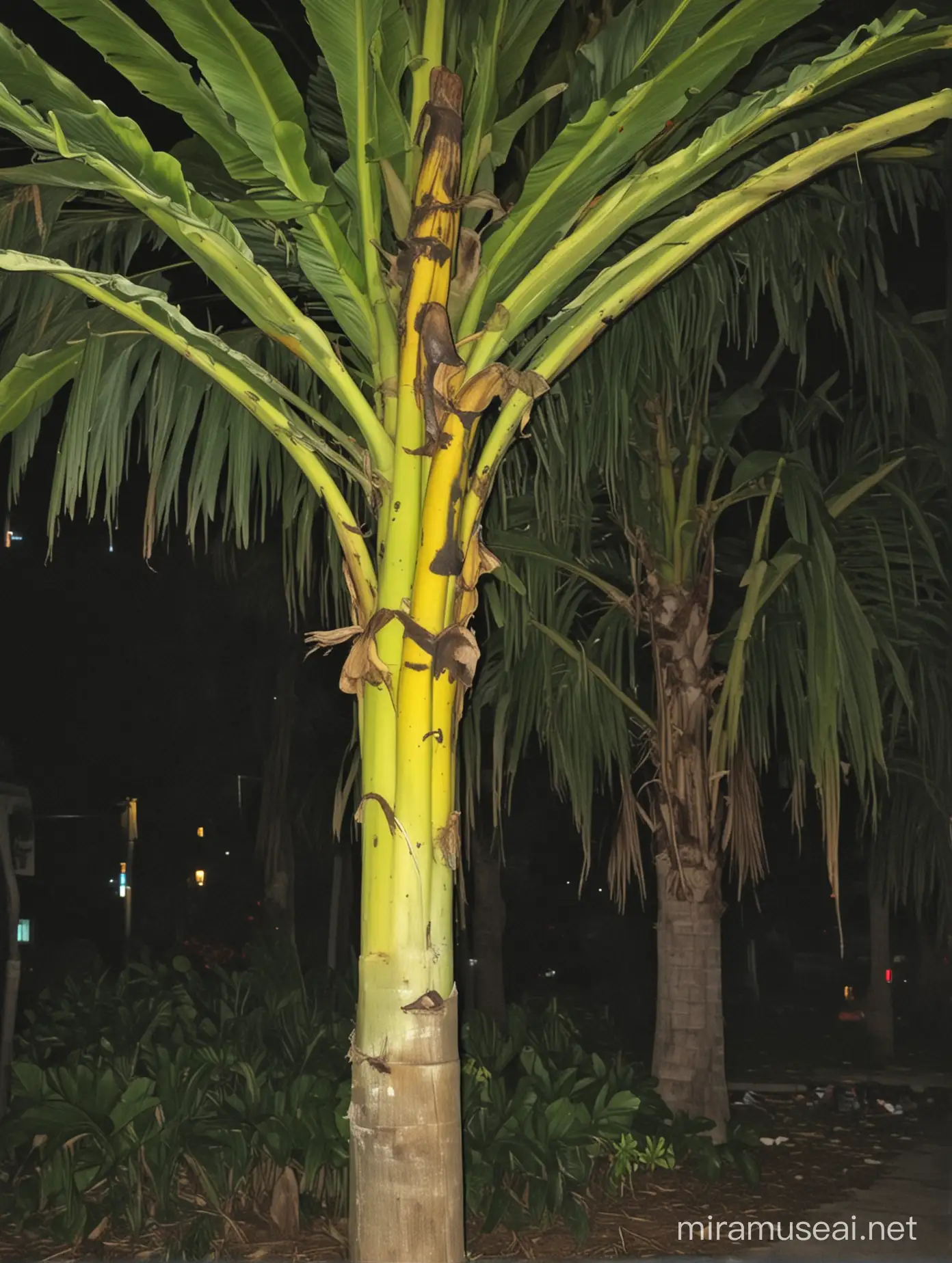 Eerie Nighttime Scene Banana Tree Under Moonlight