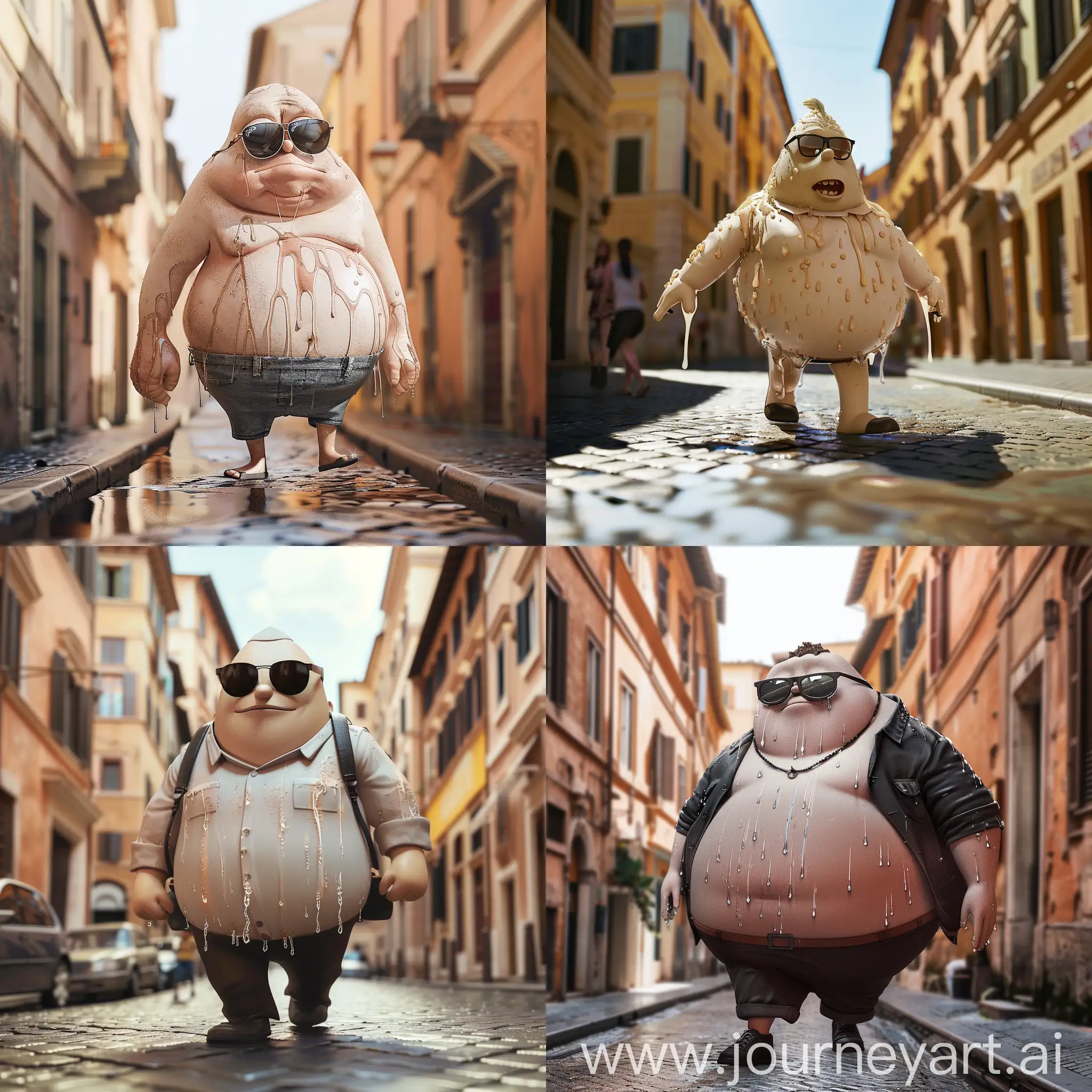 A real life version of peter griffin walking in rome streets dripping with sunglasses 