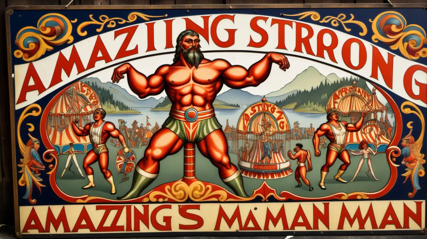 vintage english fairground sign showing "Amazing Strong Man" in the style of Ivan Bilibin
