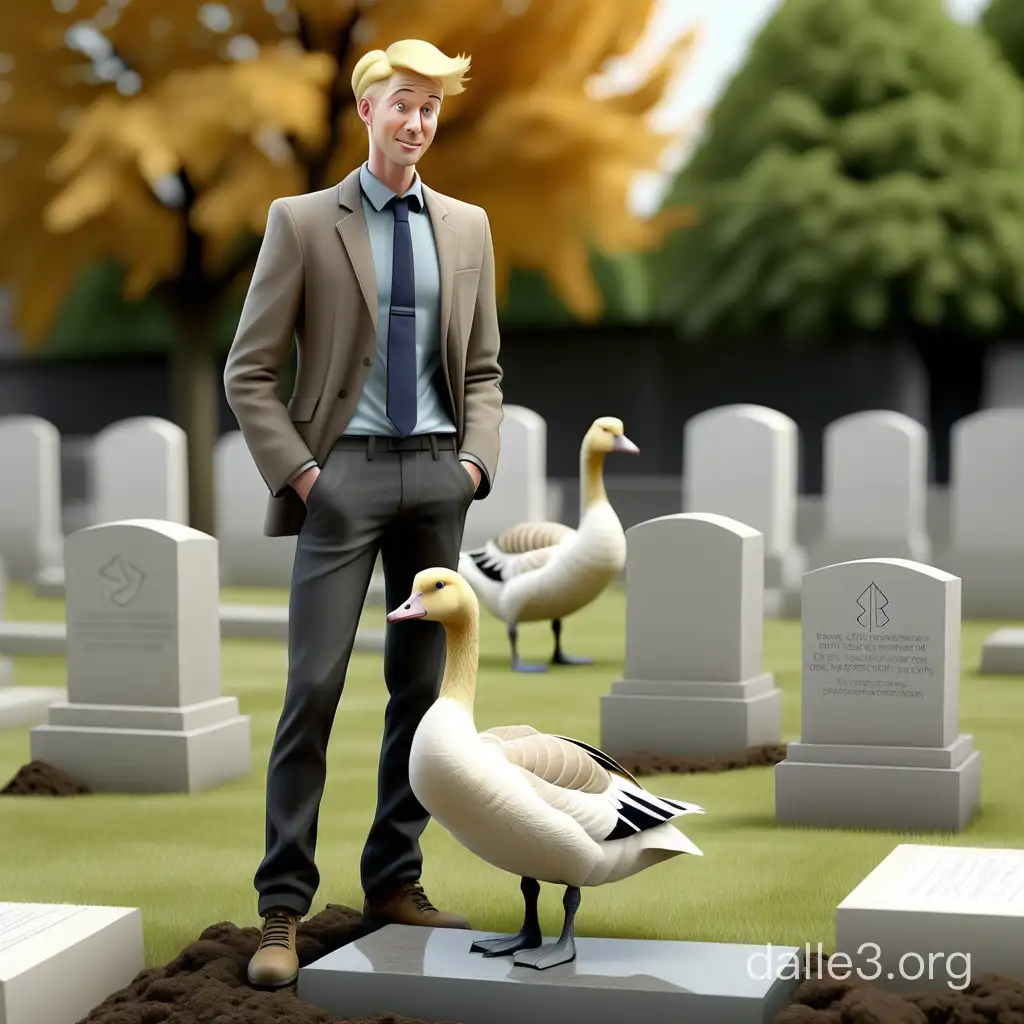 blond-haired man British structural engineer standing on the grave of a goose