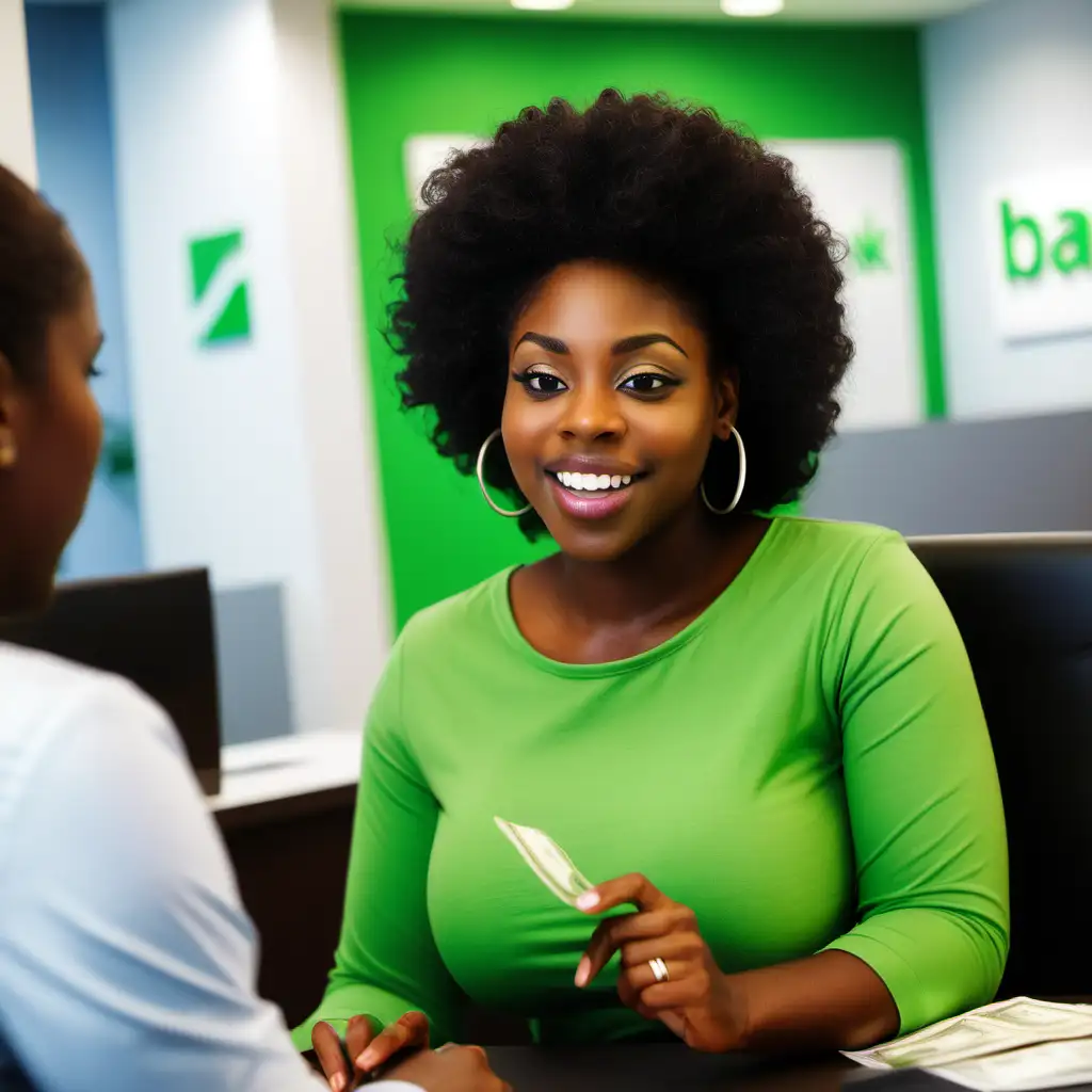 black woman, green, bank customer