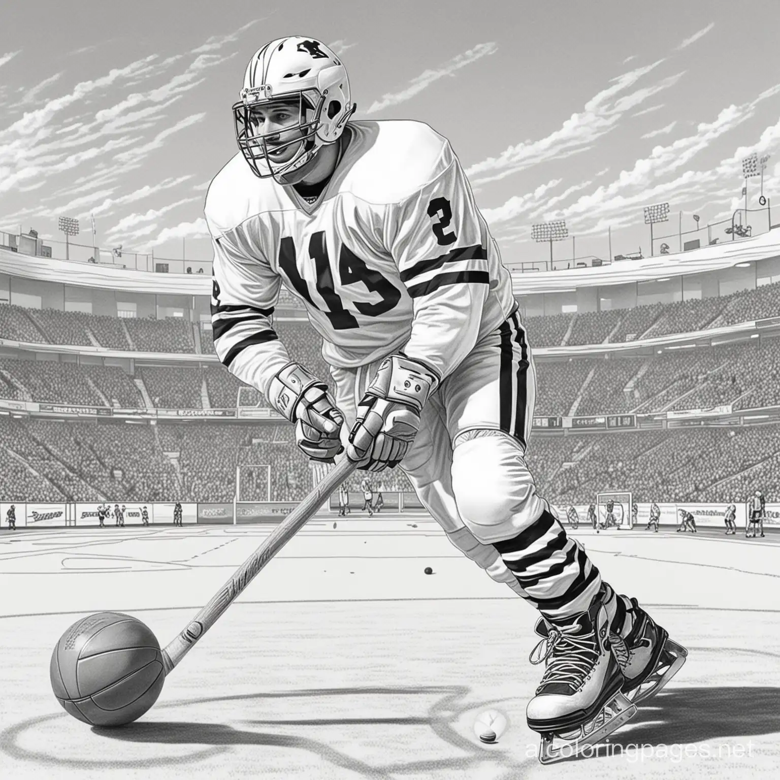 black and white, a Professional Football Quarterback wearing hockey skates as he dribbles a basketball with one hand, he is holding baseball bat with his other hand, background is a basketball stadium, Coloring Page, black and white, line art, white background, Simplicity, Ample White Space. The background of the coloring page is plain white to make it easy for young children to color within the lines. The outlines of all the subjects are easy to distinguish, making it simple for kids to color without too much difficulty