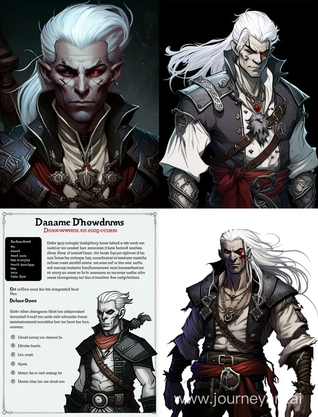 Draw a character from the Dungeons and Dragons universe according to the following description: He is a handsome young drow pirate, dressed in swashbuckler clothes. His swept back white hair is gathered in a long braid, his face with a calm smile is clean shaven and his eyes have red iris. His teeth are sharp. He has grey skin, but his hands have purple veins and black claws.
His demeanor is calm.
He is standing on the deck of a pirate ship, with sun setting in the background