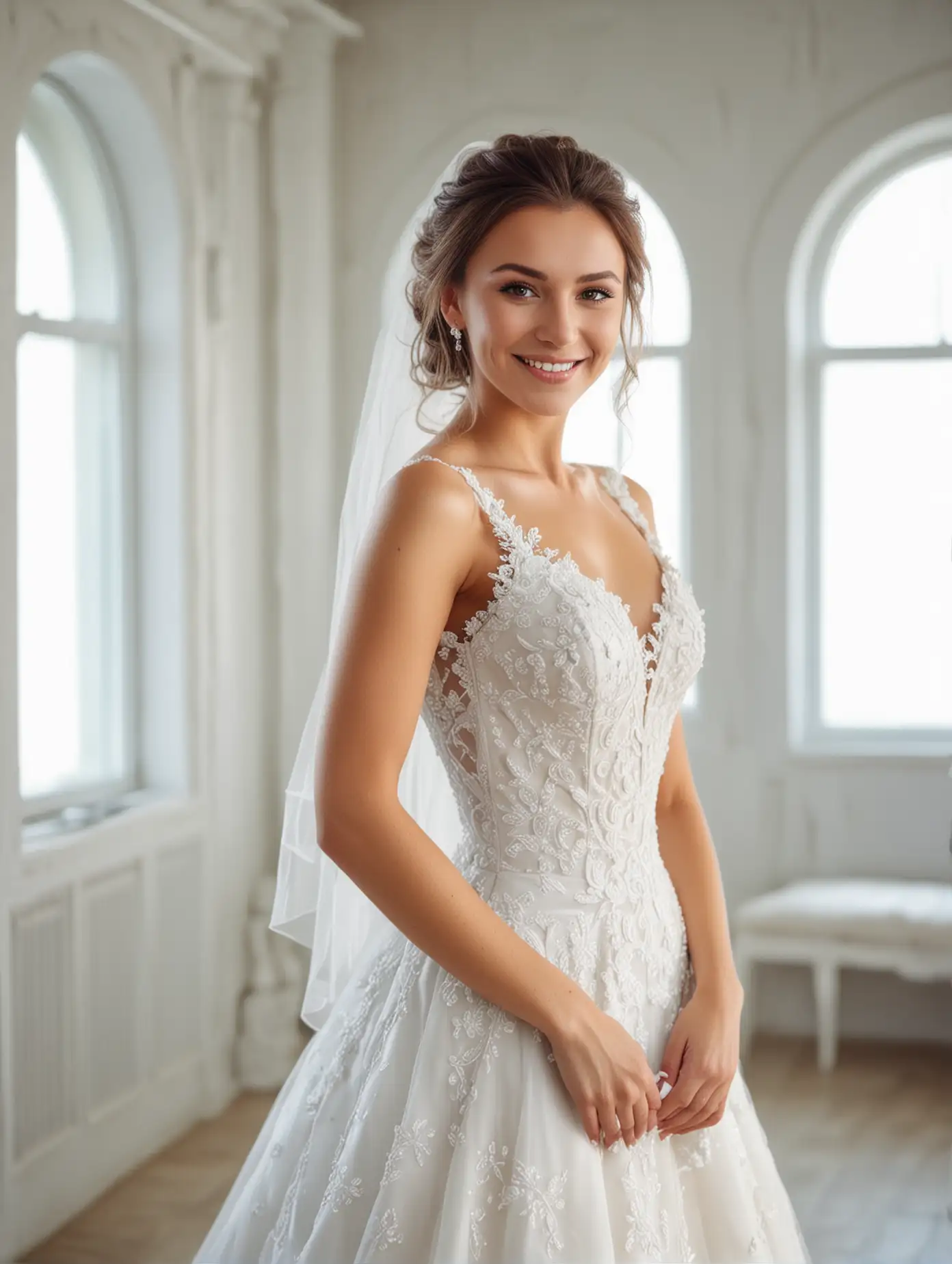 Smiling, young beauiful happy bride wearing white wedding dress and posing in bright empty interior