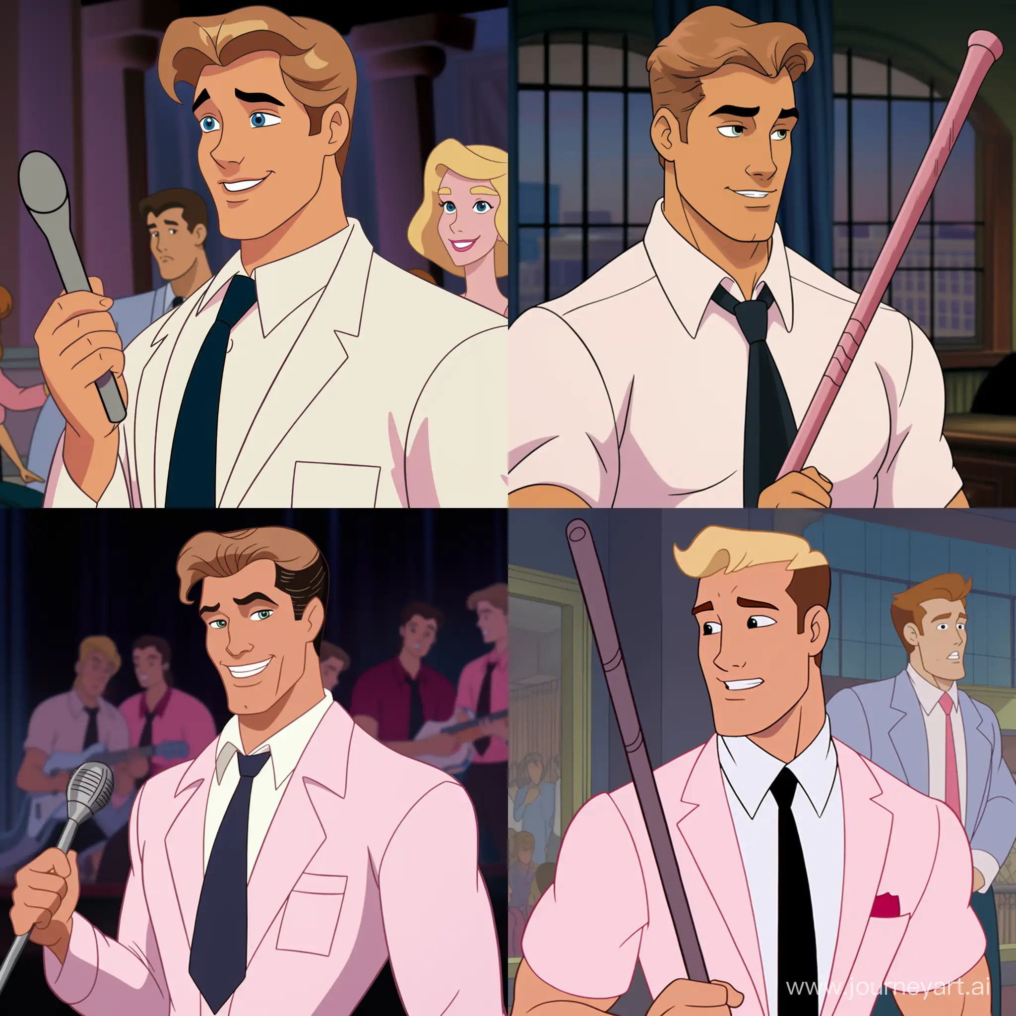 "90s Disney animated movie screencap" of a "stylized cartoon of a handsome, young, muscular but trim man, in his twenties "with slightly roughed-up fluffy blonde short fun 50s era hairstyle", "swinging a baseball bat", "wearing a "basic, solid white, tight-fitting dress shirt", a "pink tie", and black trousers" "very important to show him with the baseball bat"