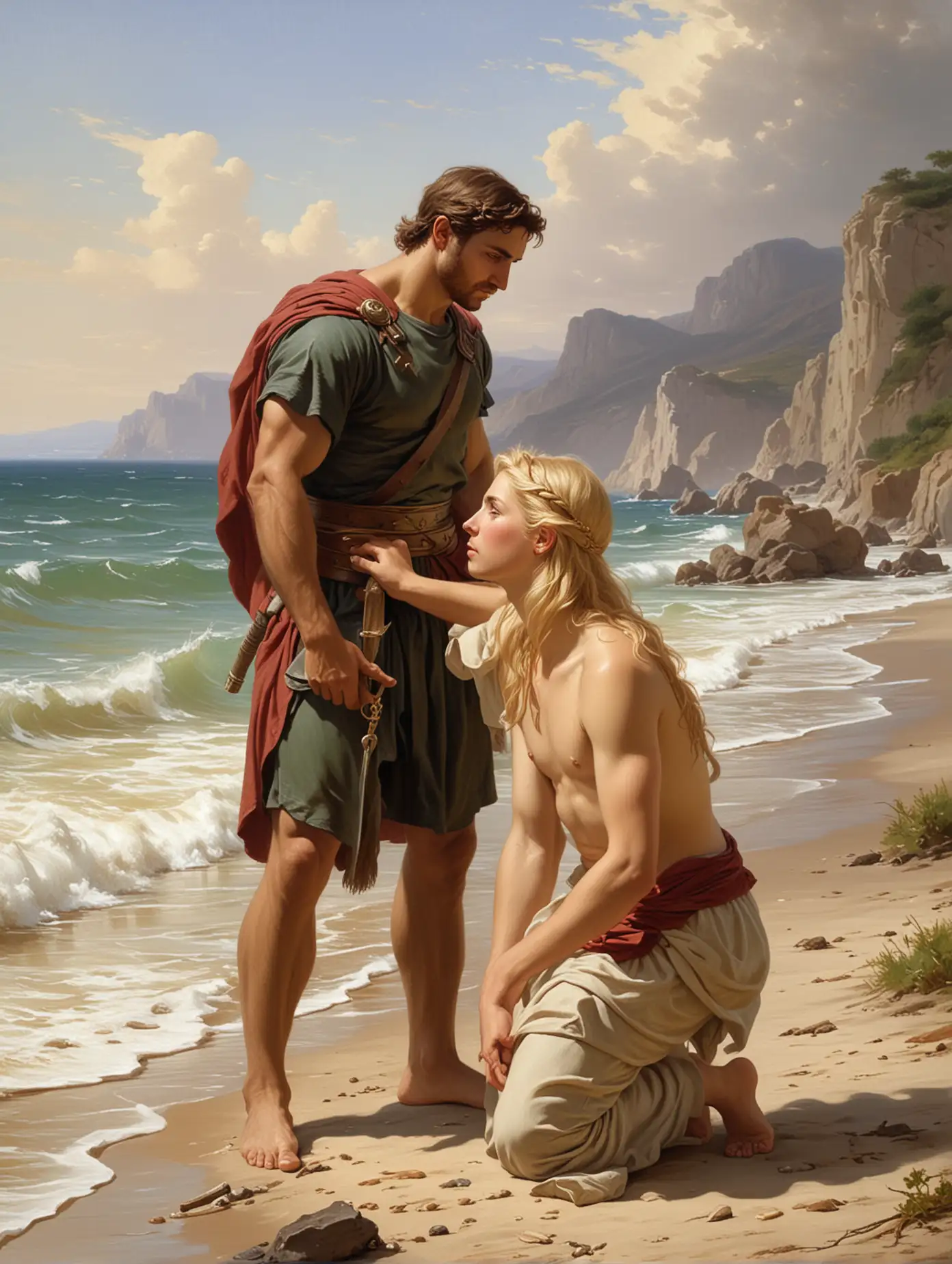 Write a short description of an image depicting the handsome strong Greek soldier Achilles returning the young blond boy to his mother who is kneeling on the seashore. The image is to be rendered in the style of artists William adolphe Bougereau.