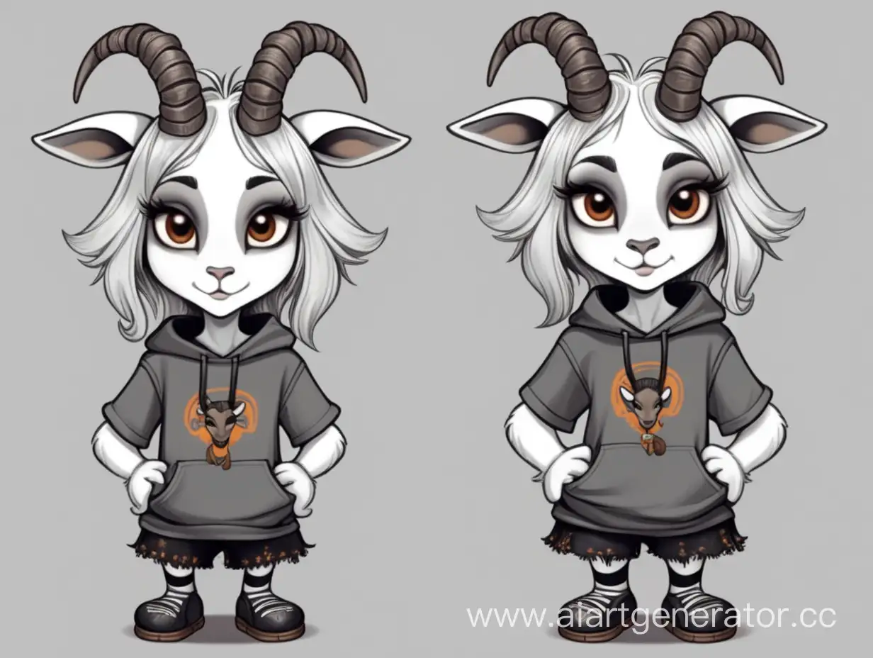 Furry antropomorfic gray goat girl with brown eyes in goth t-shirt in cartoon draw