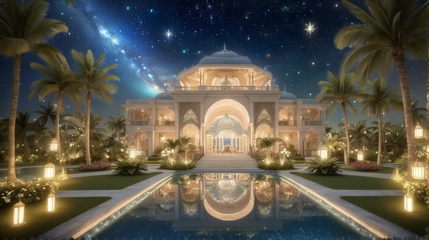 Jannah Paradise Majestic Palace with Enchanted Gardens Under a Starlit Sky