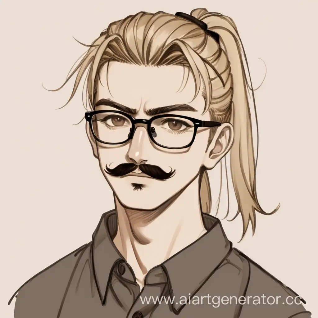 Stylish-Young-Man-with-Tied-Ponytail-Mustache-and-Round-Glasses