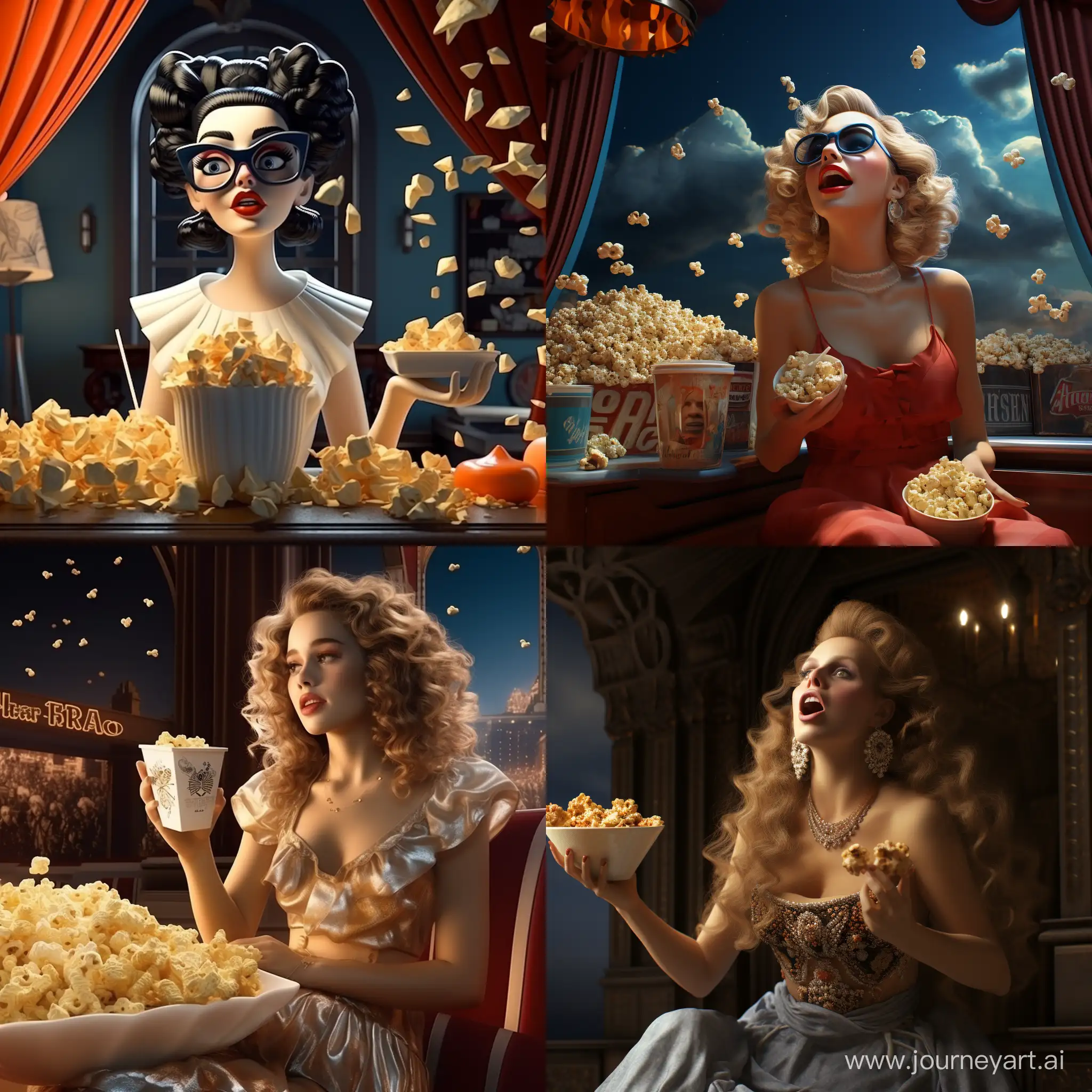 A woman watches opera and eats popcorn. 3D animation 