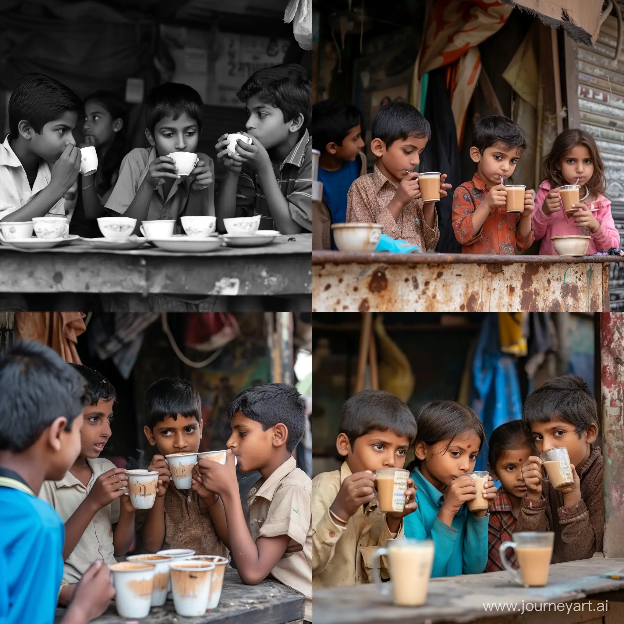 Group of 2 boys and 2 girls of age 18 drinking tea at tea stall