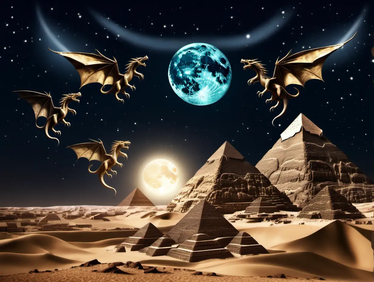 Age Of The Dragons in ancient Egypt at night with stars and moon