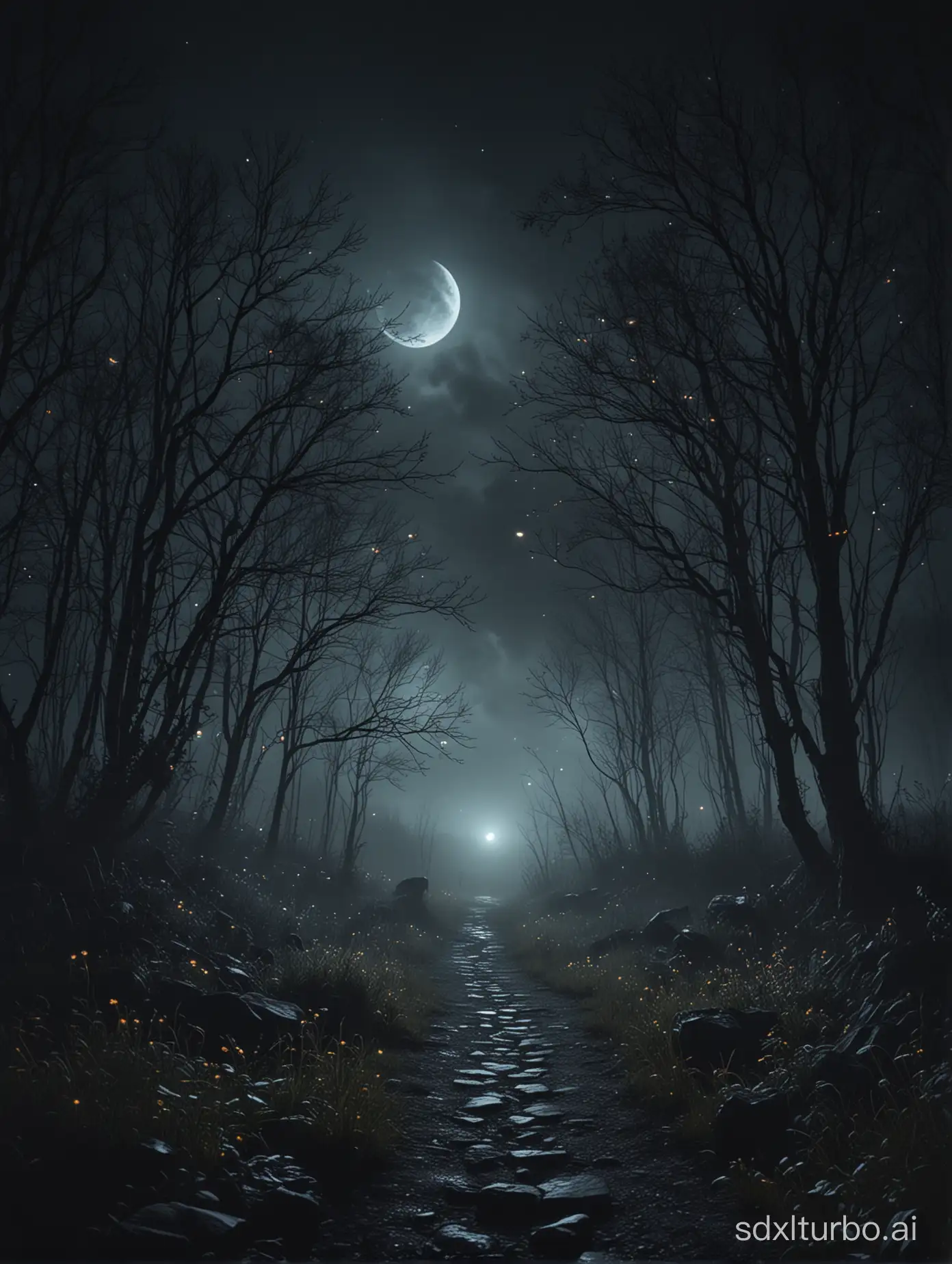 dark path in misty hills, fireflies, will-o-wisps, mystic, crescent moon, 1moon, ghosts+, ancient ruins on background, nighttime++, (glowing fog)1,2, muted colors, aesthetic, Dark Fantasy, Otherworldly, Surreal, 16K, dreamy, Starlight0,9, Ambrotype, beautiful, masterpiece, highest quality, 32k, depth of field, best quality, cinematic, movie still, high contrast, atmospheric, perfect, HDR, absurdres, celestial, crystalline, natural wonder, nice looking, vaporwave, cold light, (dim light)+, bloom, award winner, night, (dark environment) <lora:epi_noiseoffset2:0.5> <lora:DarkIncursioStyle:0.55> <lora:Elixir:0.5> <lora:Hor3d:0.35> <lora:ReaLora:0.35> <lora:LORA-XenoDetailer-v2:0.3> <lora:CR2RawLoRA:0.3>