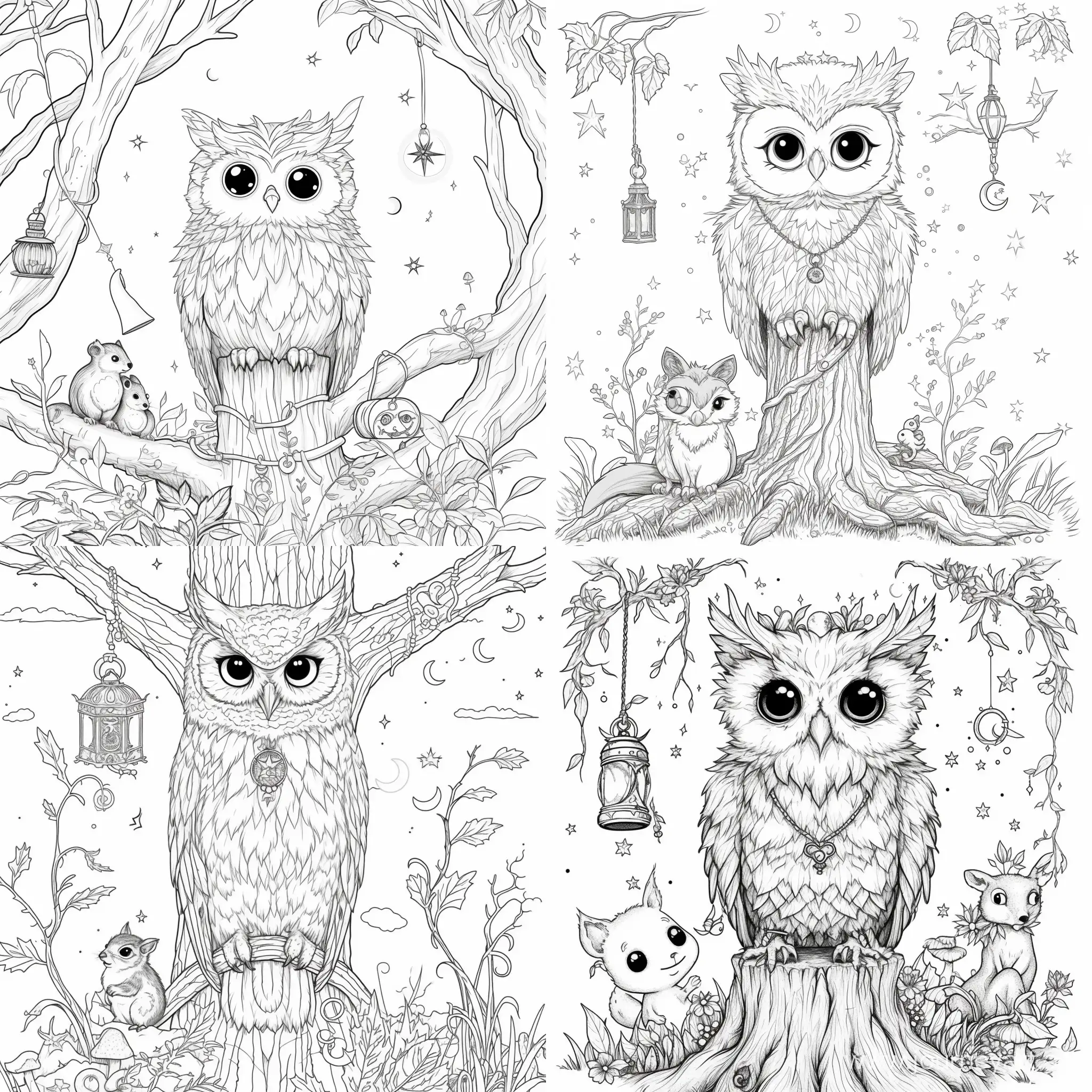Task: Generate a creative and thought-provoking B/w outline coloring book page illustration art for following Character on Pure white background to give a more authentic look.

Character: Picture a world where a cute owl with adorable eyes. It will sit nicely, with feathers that are fun to color but not too complicated. Place the owl on an ancient, gnarled tree that seems to be as wise and as old as the owl itself. Adorn the owl with accessories that enhance its mystical aura, such as a pendant or a crown made of leaves, stars, moons, or even a small, glowing lantern hanging from its neck.

Incorporate Supporting Elements: Introduce small creatures or enchanted plants around the owl, like a curious squirrel, a friendly fox, or glowing mushrooms and flowers, to create a lively scene that invites exploration. Add whimsical patterns to the owl's feathers, such as spirals, stars, and moons, to make the coloring experience more engaging and allow for creative expression. The artwork should capture the required essence of the atmosphere or environment, and the beauty of the natural surroundings. 

Composition Instructions: Well composed, clean and strong outline art, storybook illustration, 8k resolution similar. No color. No dither, no gradient, No fill, No solids, no shadow, no noise, no shade. The overall layout should be balanced, and well-aligned accordingly. Ensure the final artwork edges not cut off or side off. This composition goal is both visually appealing and aesthetically pleasing.