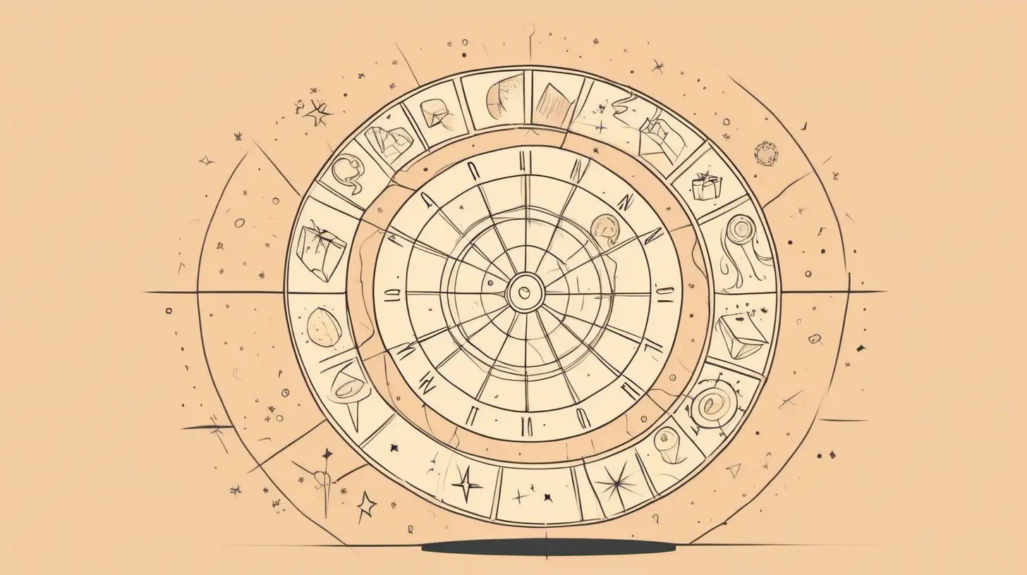 Draw An astrological wheel with  a few  gift box flying around it. Loose lines. Muted color, with label style little text