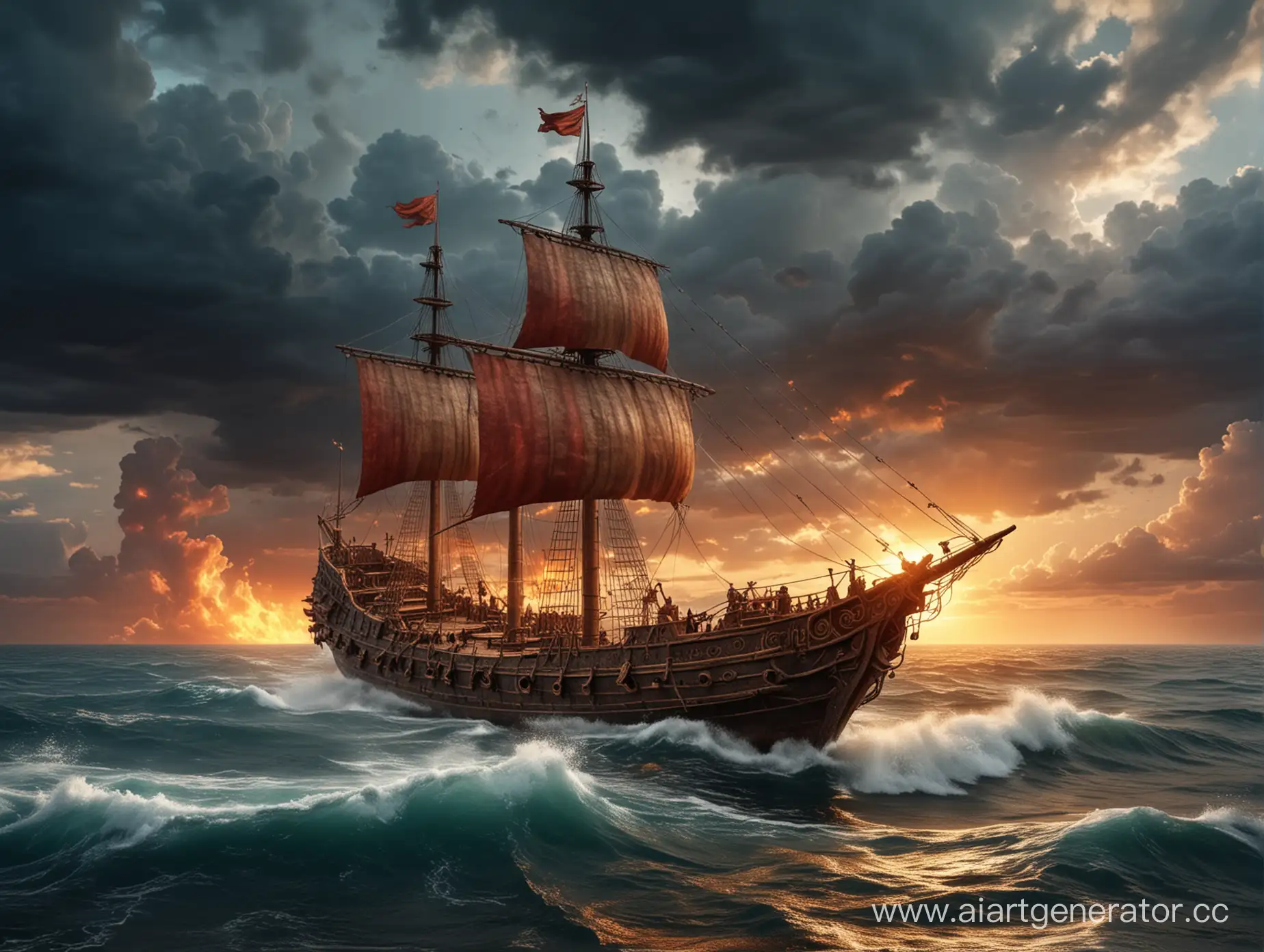 ДРЕВНИЙ римский военный корабль , на фоне моря , шторм  , тучи огонь 