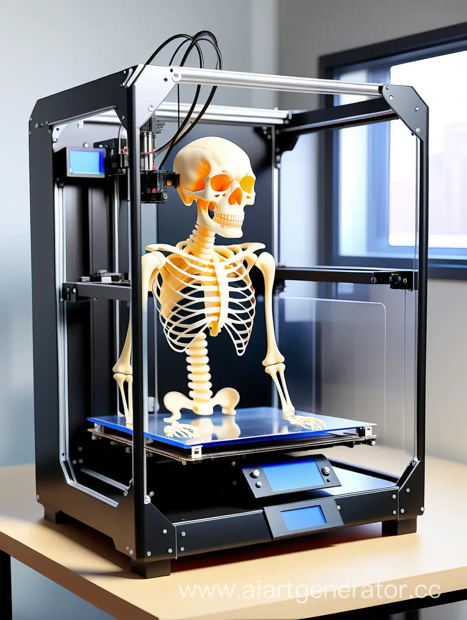 3д принтер со стеклянной термокамерой стоит на столе и напечатал скелет человека

