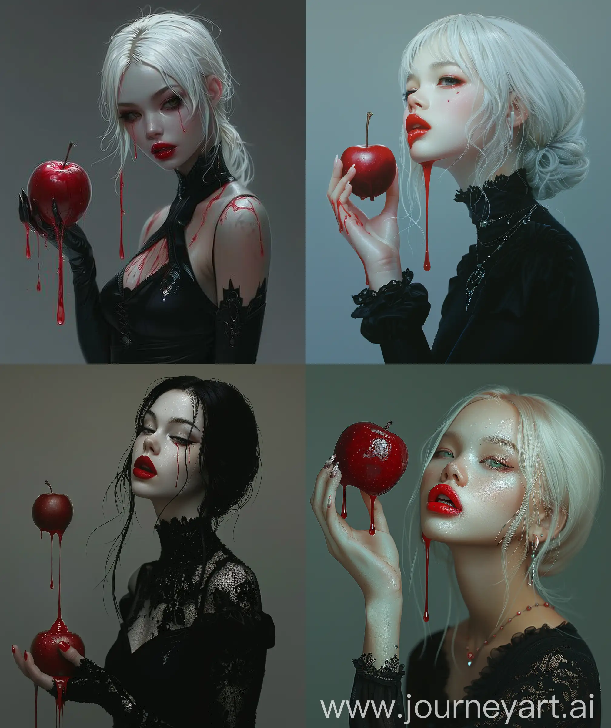 Anime woman , illustration , portrait, little bit cannie showing, melting red color dripping from apple on her hand, black chic outfit, pale but gorgeous looking, surrealism, gradient appropriate background, semi realistic, red lips, scary but elegant look, hand pose, ultra hd, High quality, --ar 27:32 --s 400