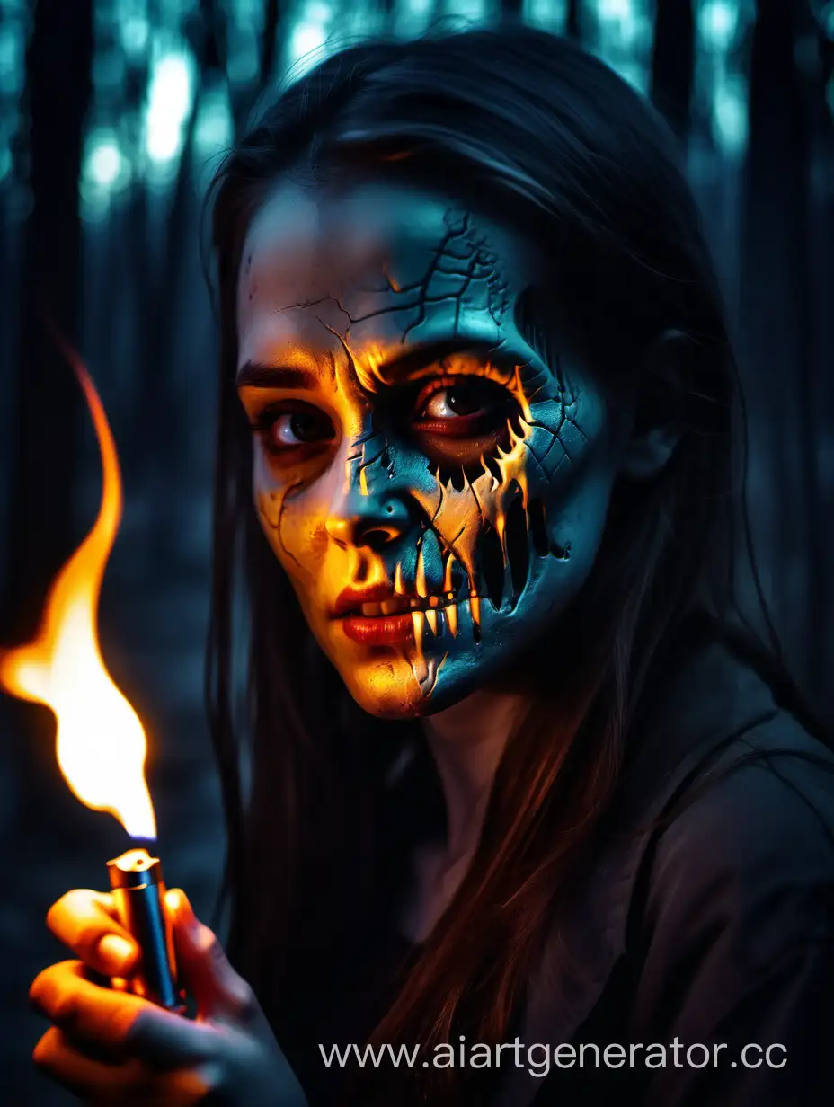 Девушка в сумерки держит зажигалку смотря на пламя какое светит зажигалка. Её лицо потрескавшее, лицо наполовину череп золотистого цвета. Лицо прямое к зрителю
