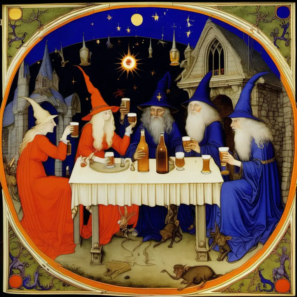 limbourg brothers painting depicting female witches and male wizards drinking beer