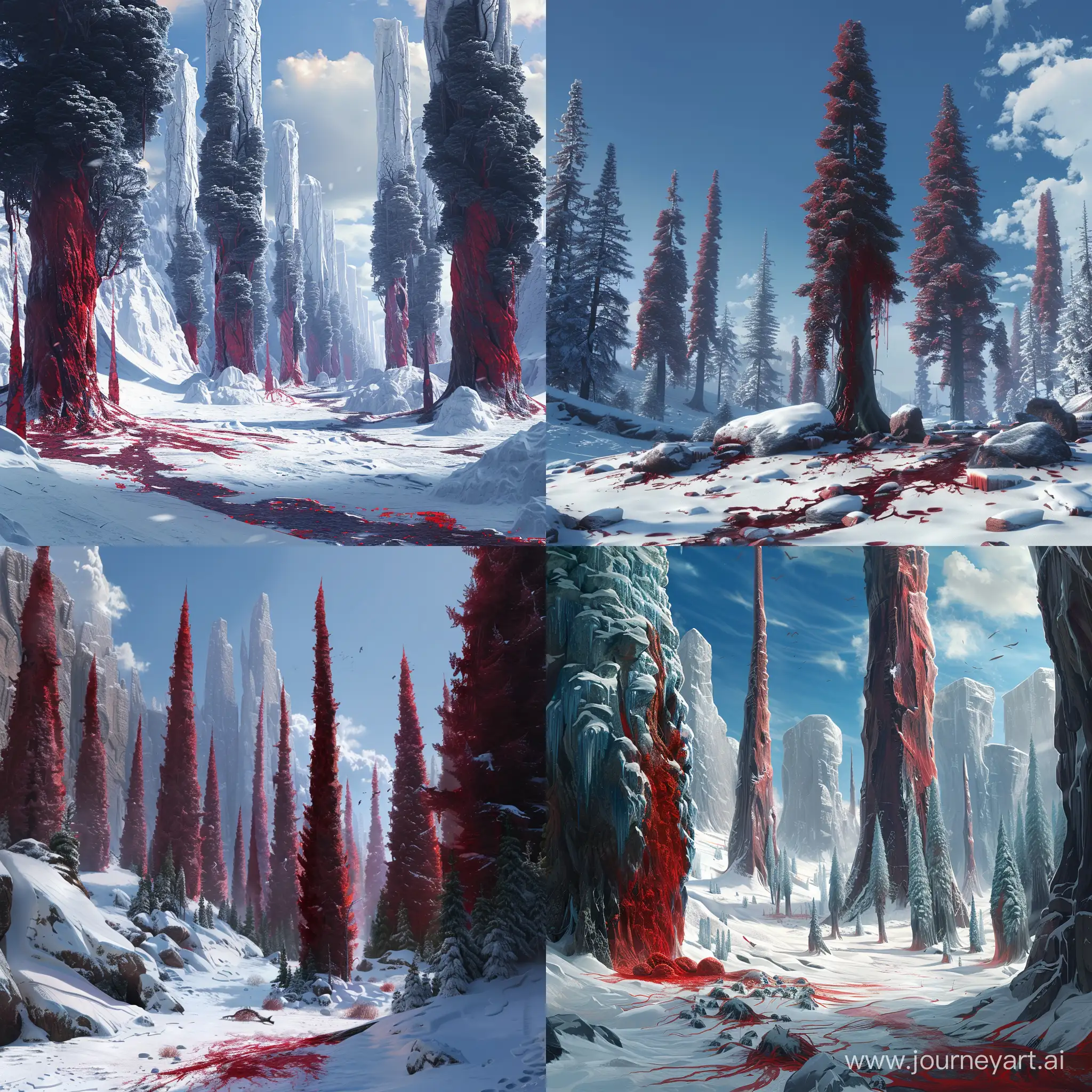 Fantasy-Scene-Towering-Trees-Sprout-from-Giants-Blood-in-Snow