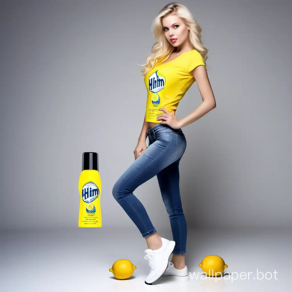 A beautiful, sexy blonde advertises shoes, TRASH BUSTER shoe care deodorant spray 100 ml with Lemon scent, with BIOHIM logo on clothing, lemon, shoes, sneakers, children's shoes.