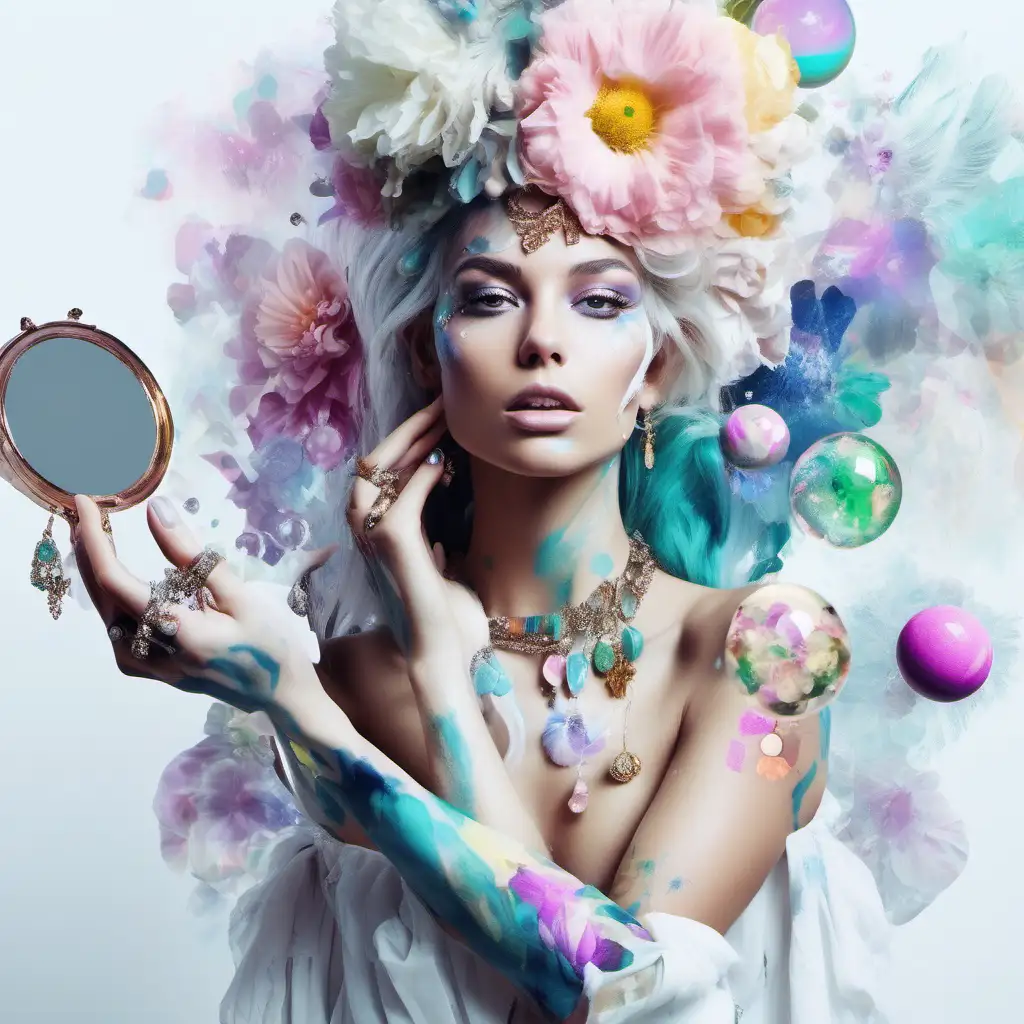 abstract exotic white model with pastel flowers that bleed into her hair, holding a mirror {big Jewelry{she has soft tattoos on her arms and shoulders} {3 crystal balls fly around her}.  copy and same colors
