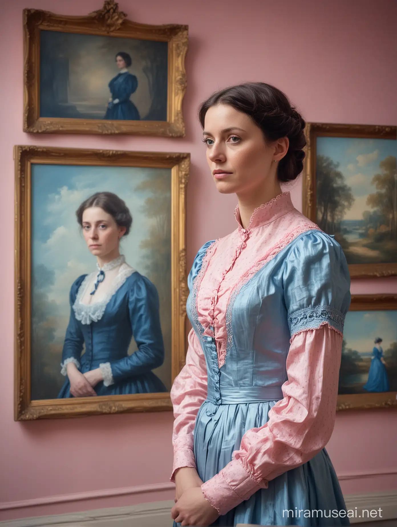 
A 35-year-old woman in Victorian dress looking sadly in front of her own painting at an art exhibition.
Blue and pink tones dominate the picture.