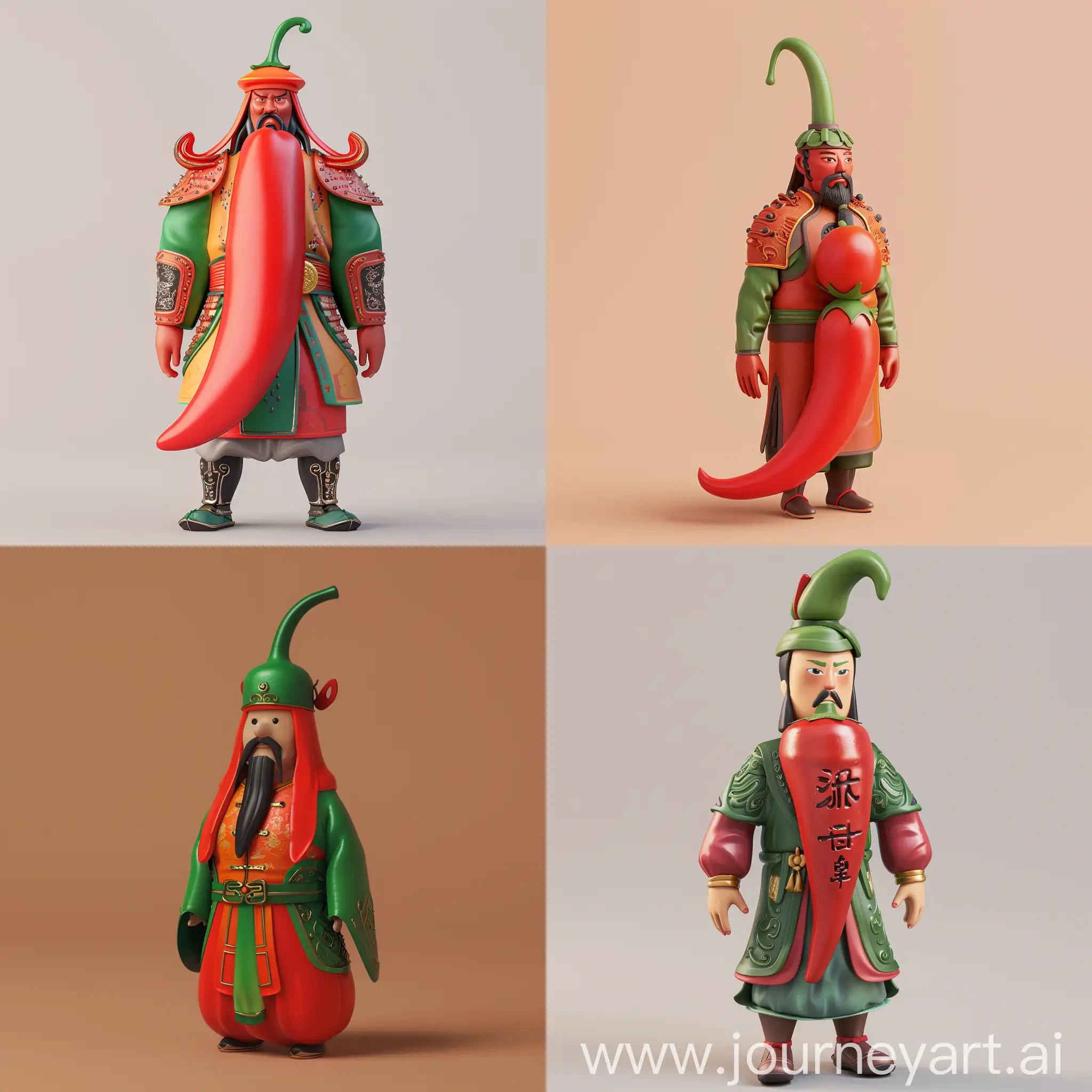 帮我设计一款文创产品，创意为给一个辣椒穿上东汉时期的将军服装。一个人偶玩具。3D图