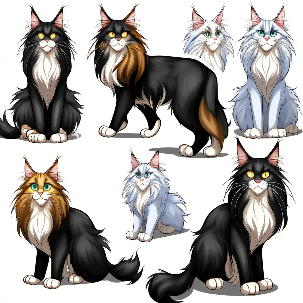 /imagine prompt: cartoon drawing of long-haired maine coon cat, pixar character, different dynamic poses, clean white backdrop, upscale images to x4, 780 DPI::1, Full body::2, 8k::1, Full length shot::2 --ar 9:16 --r 2