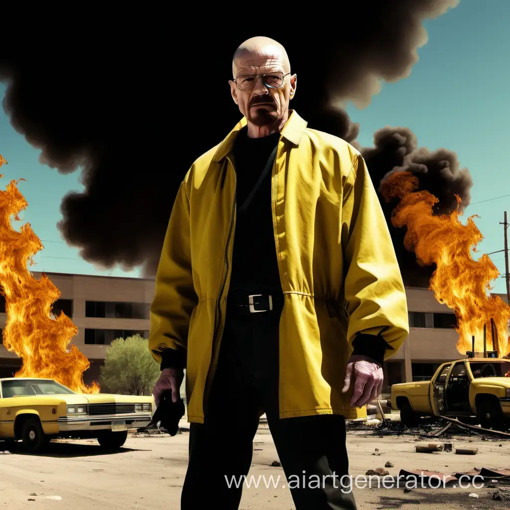 Walter White in yollow and black clothes, stands in middle of burning city
