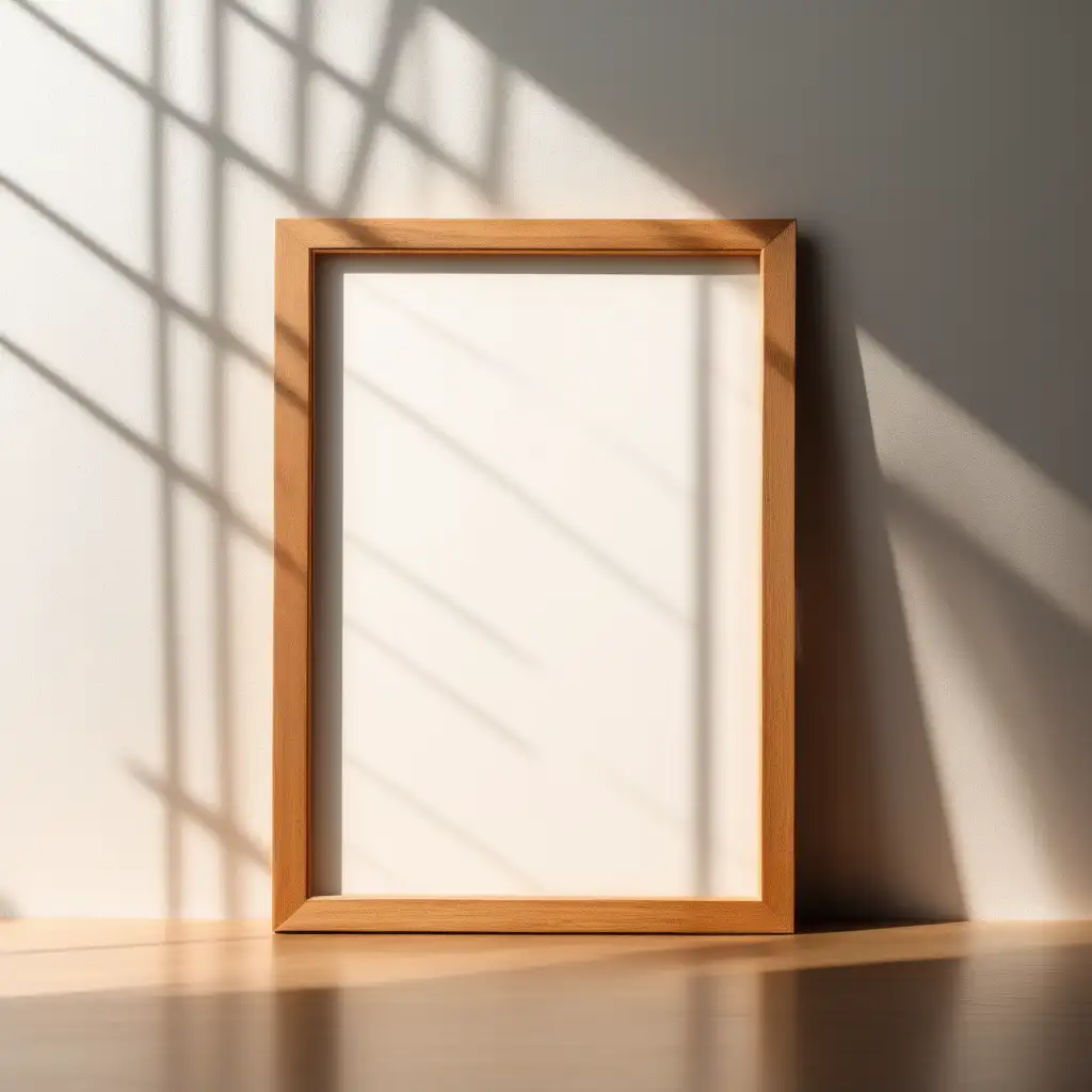 simple blank wood frame with sunlight lighting on window