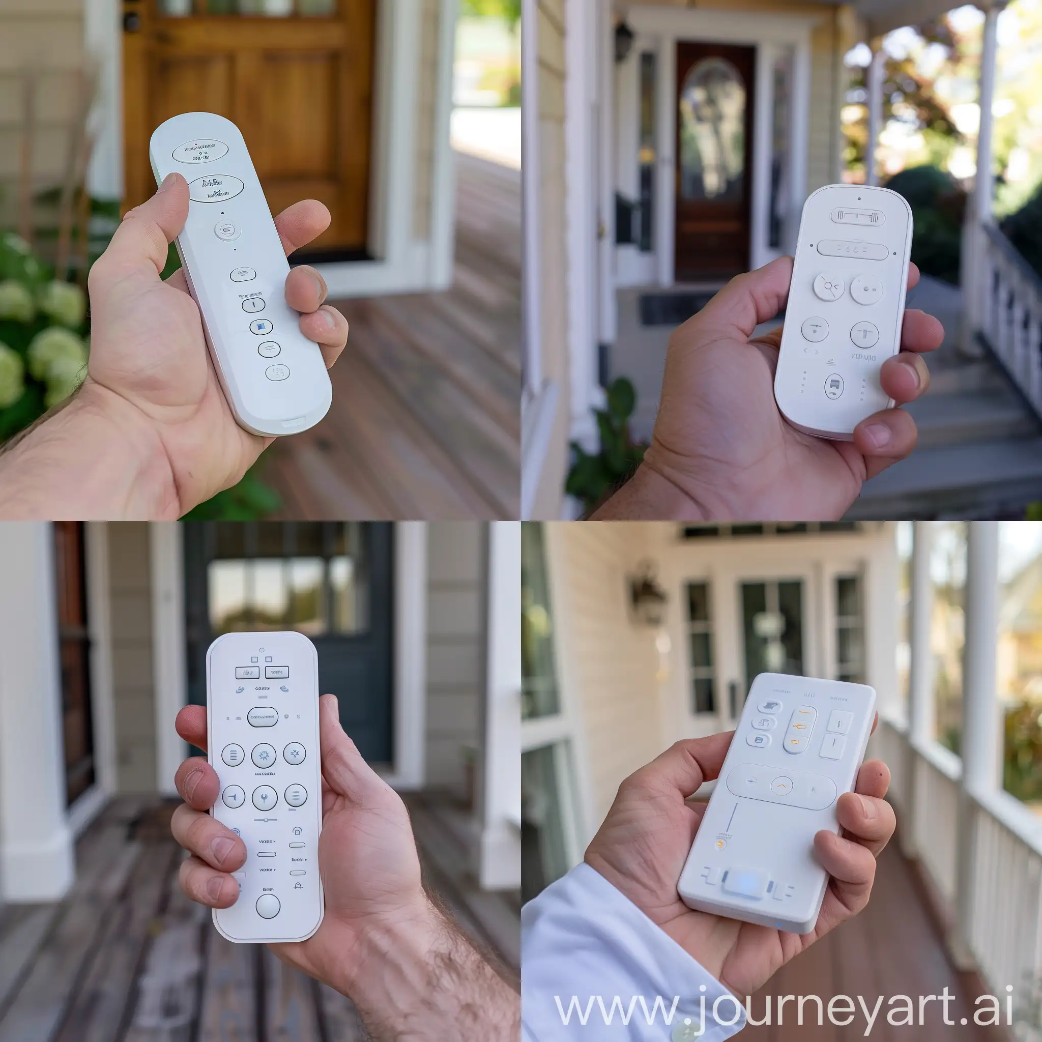First person view, first person angle of a Male white hand holding a white technological control remote, white remote control with three buttons, House porch door background, blurry background of a house porch outside