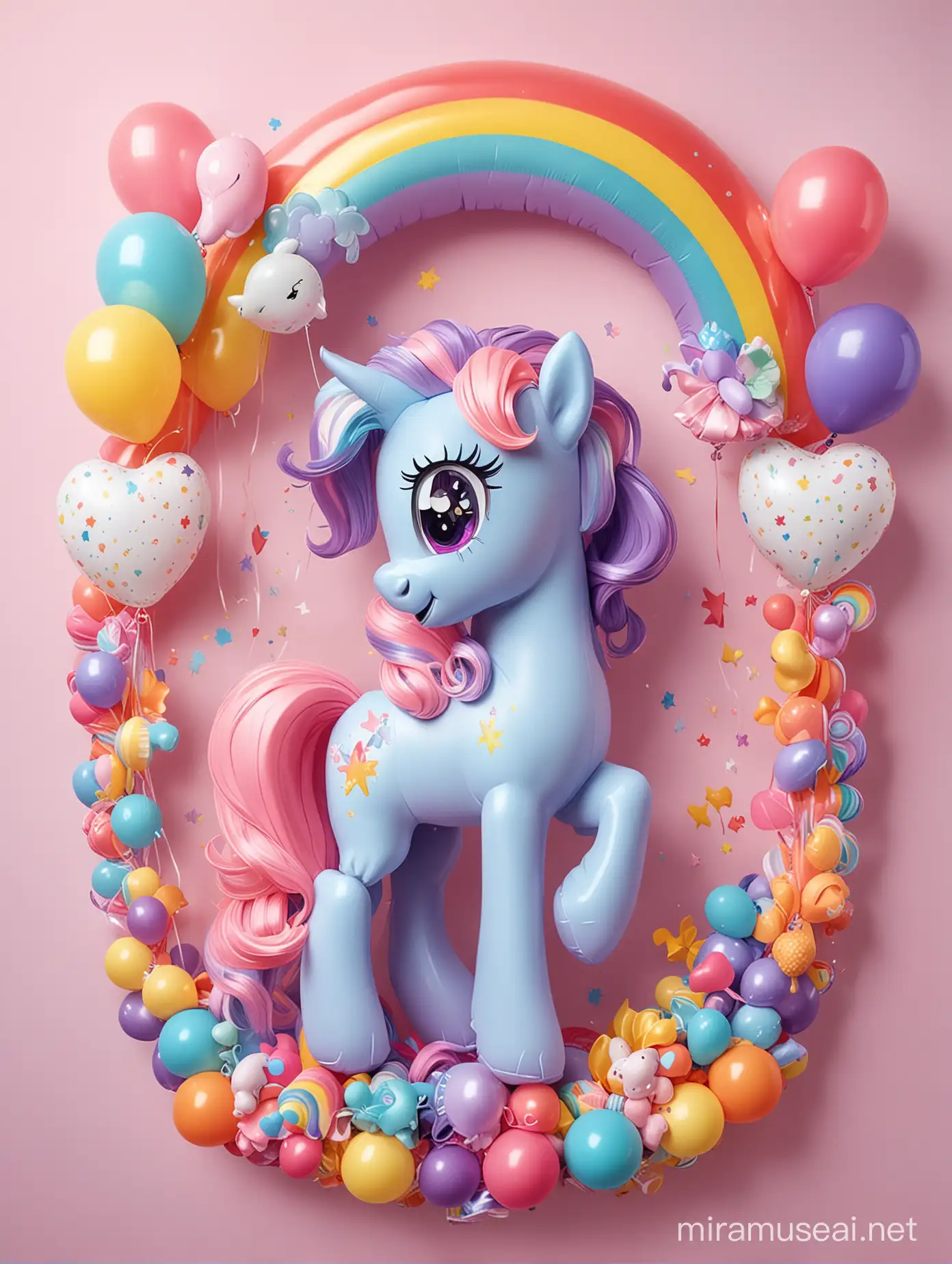 Cheerful My Little Pony Surrounded by Vibrant Pastel Colors Rainbows and Balloons