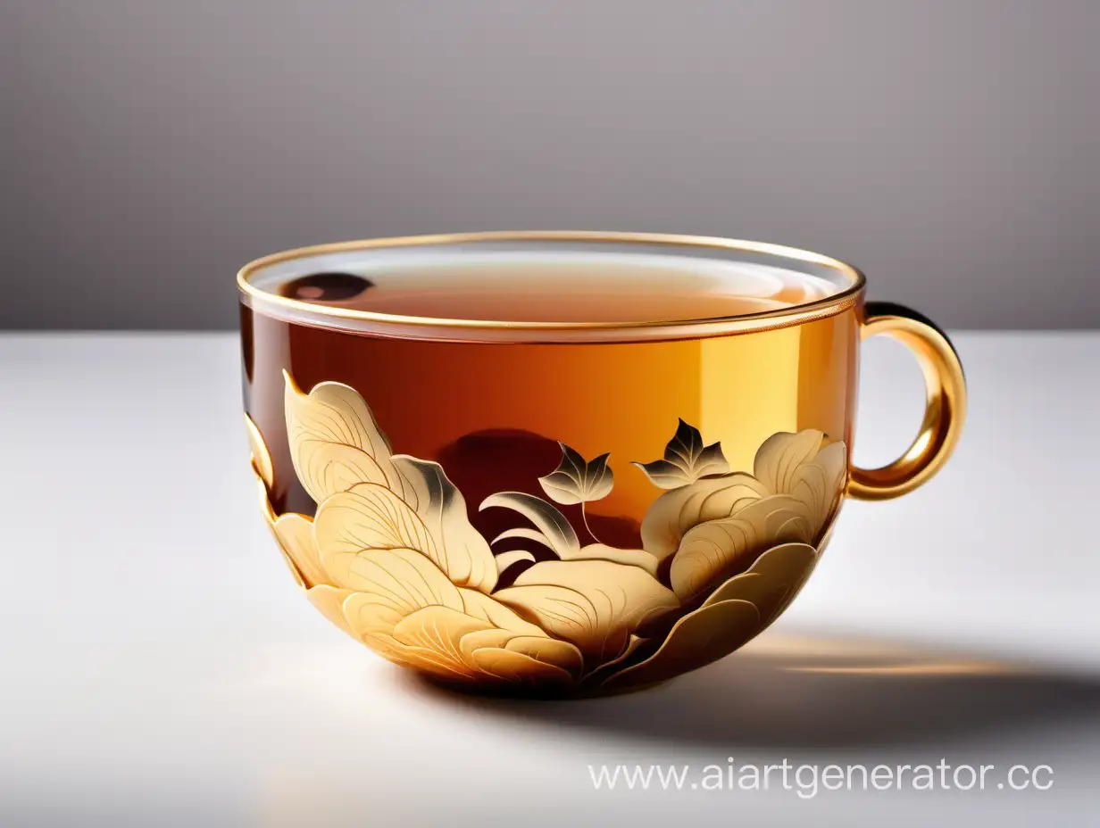 beautiful Chinese tea in a handleless cup with a golden hue on a white background